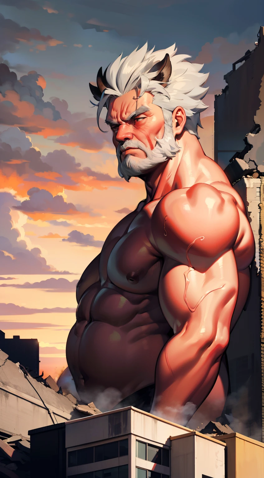 High quality, Masterpiece, A giant with a boar's face,Gray hair, Red skin, Huge size, Obese, Naked upper body, Revealed an angry roar, Standing in a destroyed high-rise building, Side view, Look from the side, Red sky, Close-up of the bust.