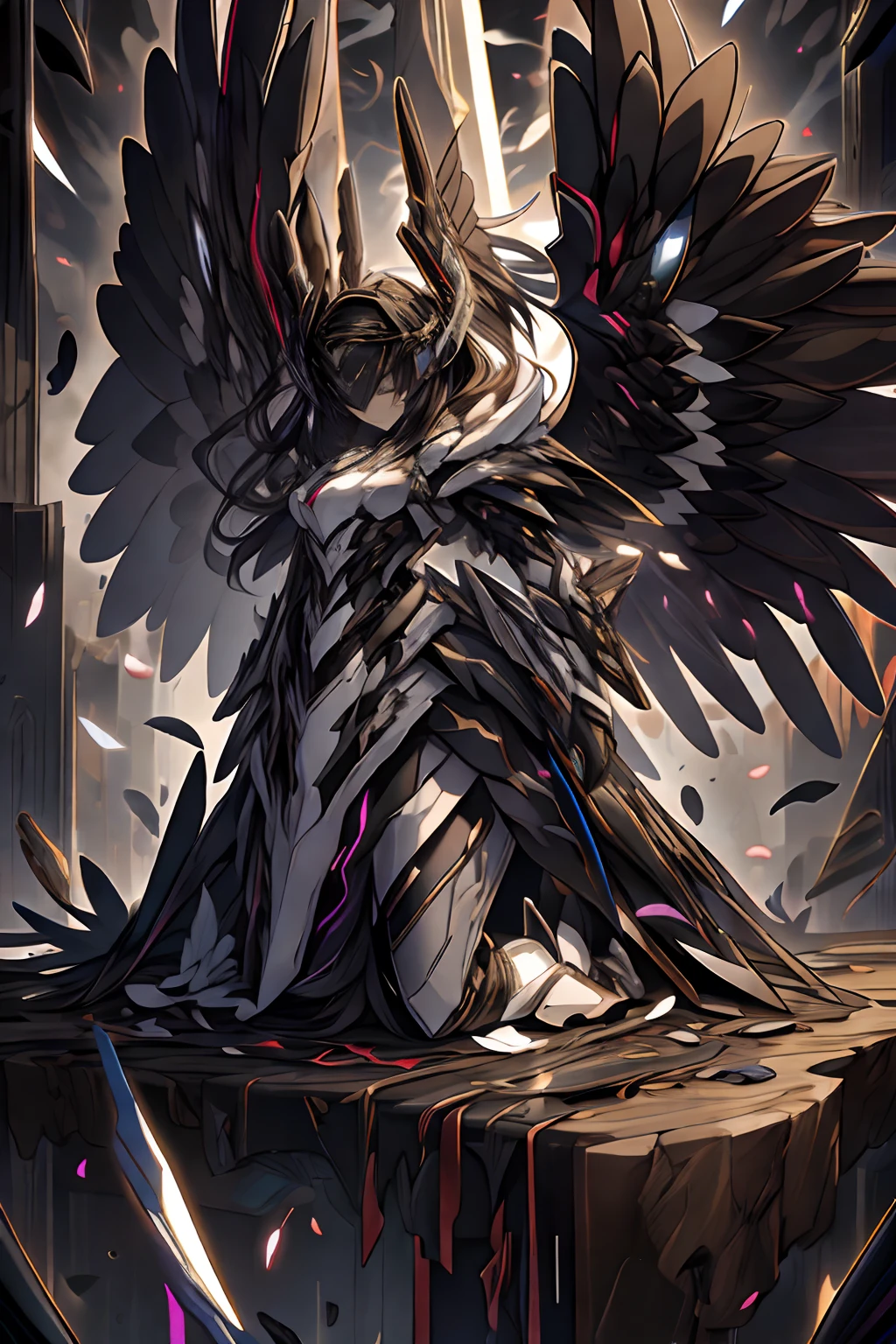 aura,purple lightning,condense energy in hands,, masterpiece, 4k, absurdres,yugioh style yugioh monster glowing outline ,whirlwind of feathers background,black wings,dark clouds,purple lightning,, highly detailed CG unified 8K wallpapers, 8k uhd, dslr, high quality, (anime girl in black armor, glitchy glitching, black hair, 
M4rbleSCNEW