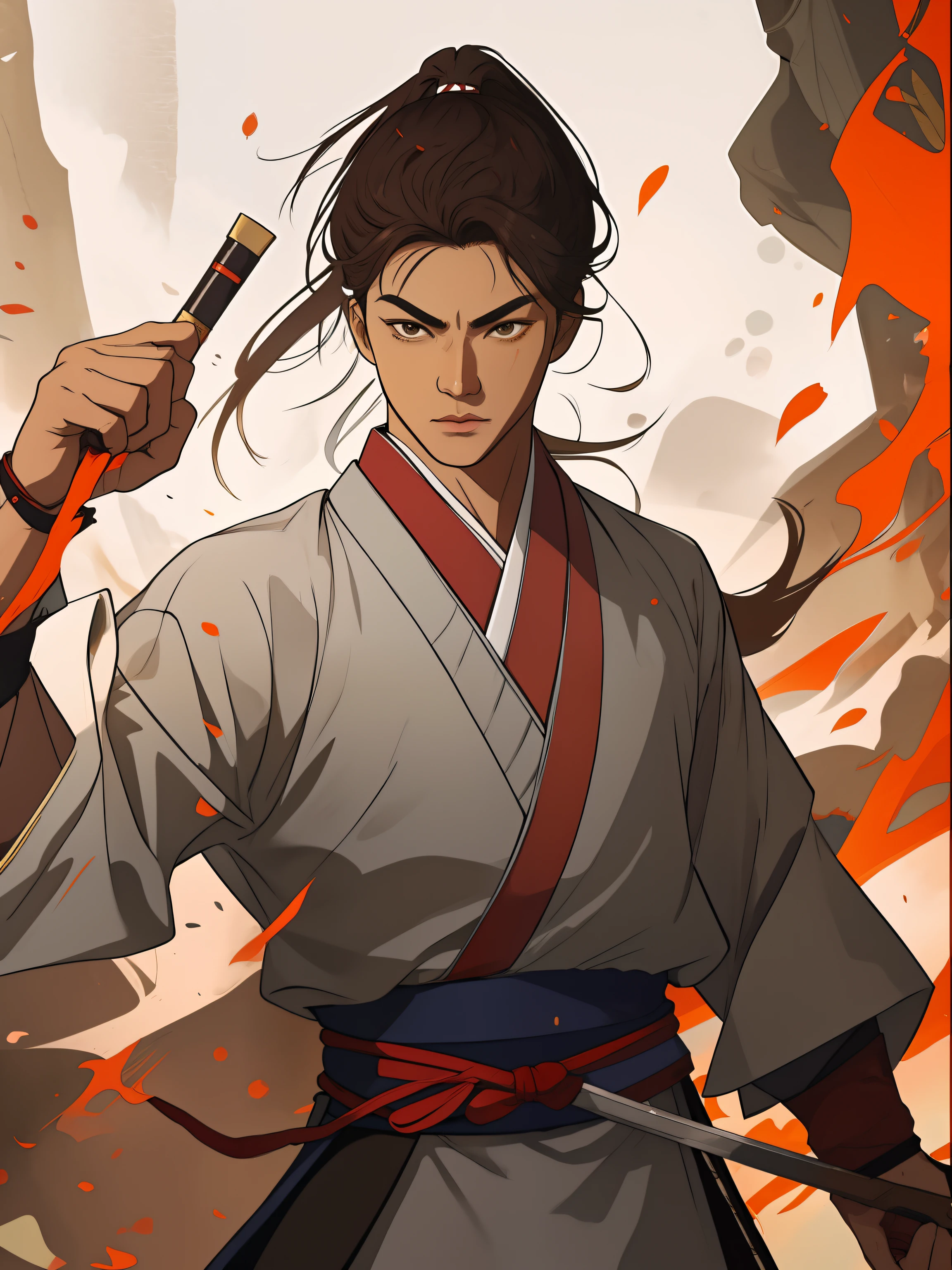 The picture is predominantly brown,Martial arts style clothing,chieftain,Increase picture detail,There are patterns on the clothes,