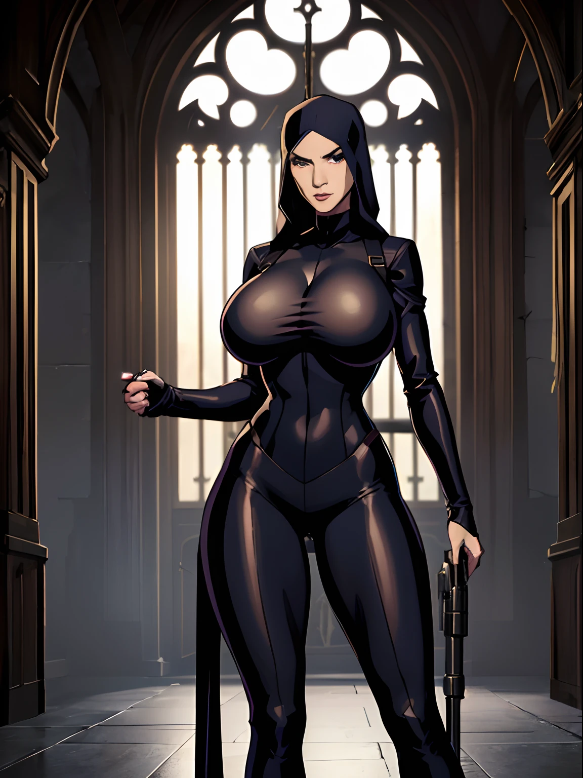 (masterpiece, top quality, best quality, official art, beautiful and aesthetic:1.2), (1girl:1.3), light freckles, fair skin, extremely detailed, portrait, looking at viewer, solo, (full body:0.6), detailed background, close up, (dark gothic theme:1.1), nun with guns, charlatan, smirk, mysterious, swaggering through cathedral, modest attire, black habit, cowl, nun hood, wimple, thigh-high boots, bodysuit, leotard, corset, leather straps, ammunition pouches, long boots, submachineguns, SMGs, MP5s, thigh pouches, holsters, garters, ((((narrow hips, slim sexy body, gigantic breasts)))), slim waist, slim hips, long legs, modern (cathedral exterior:1.1) background, dark mysterious lighting, shadows, magical atmosphere, dutch angle,