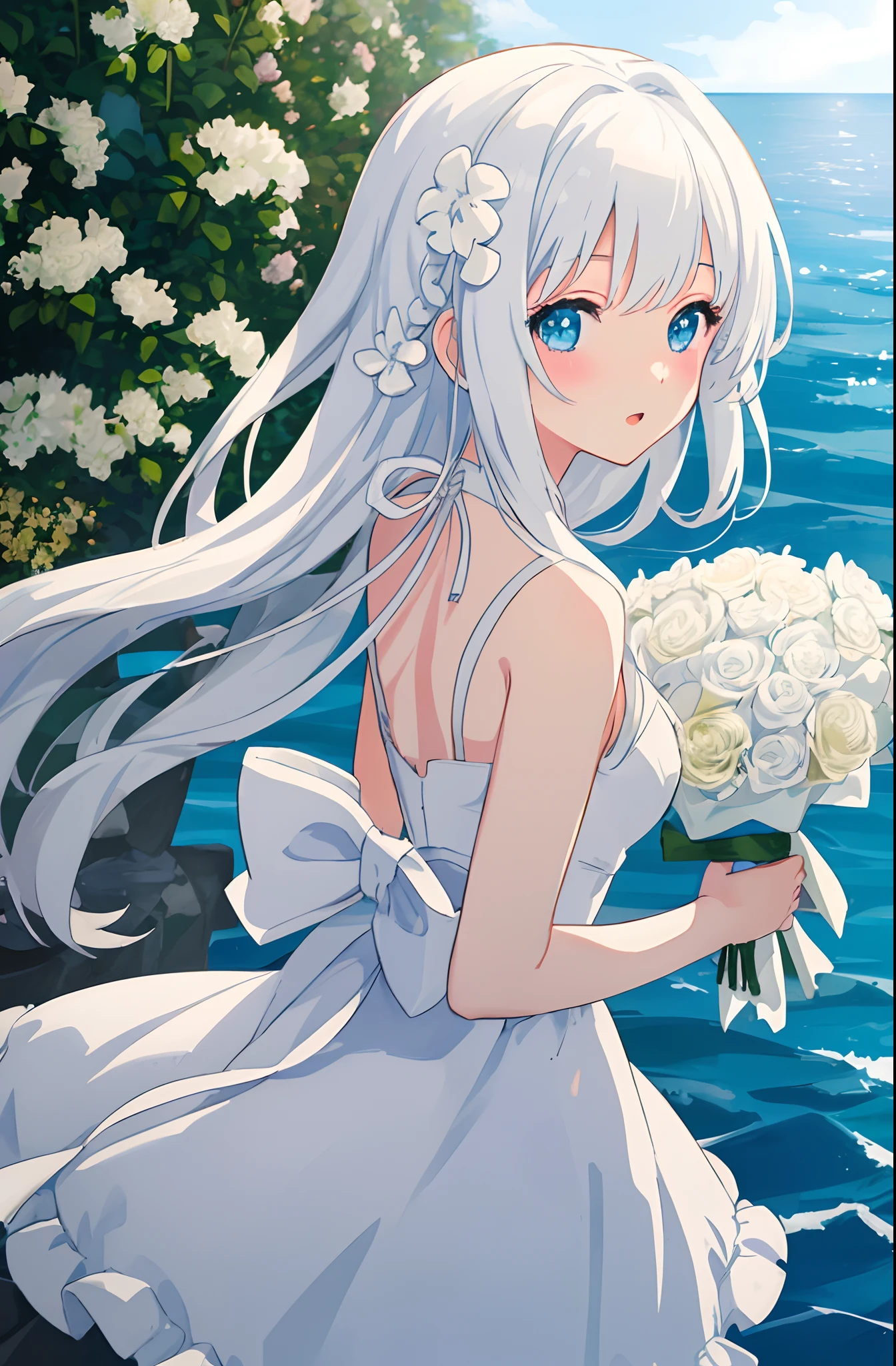 one-girl，white color hair，Anime two-dimensional，Beautiful by the sea，The back of holding a bouquet of flowers