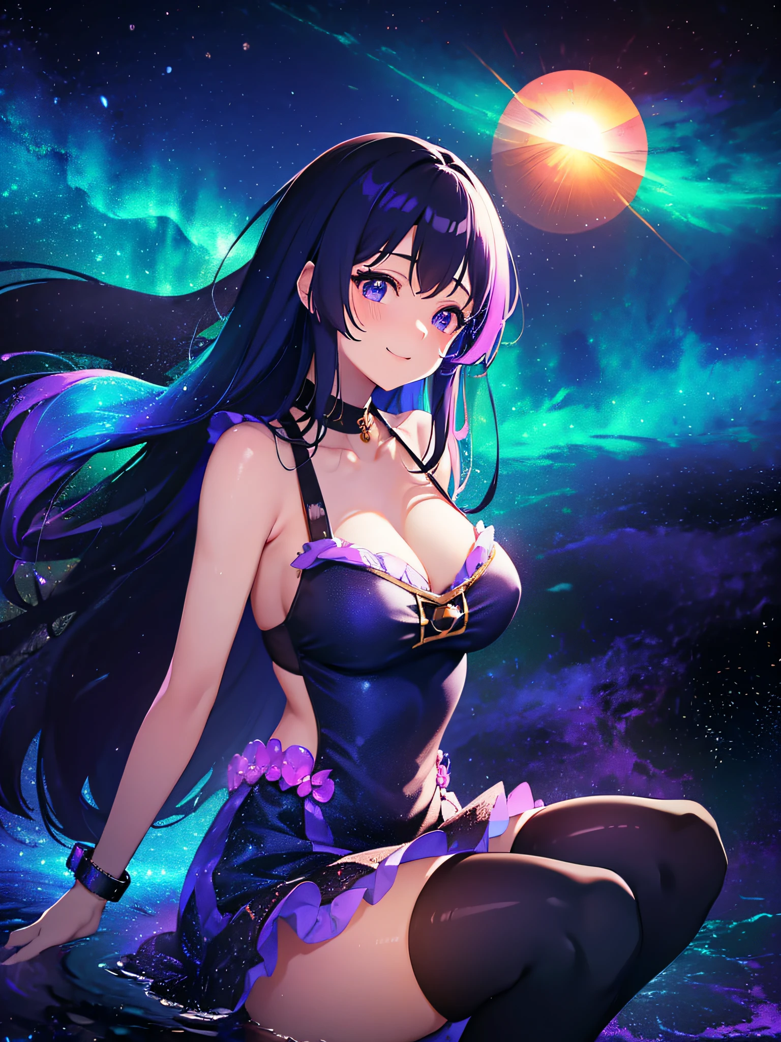 (masutepiece:1.3), (Best Quality:1.3), High resolution, Couboy Shot, Spinning Pose、stick out chest.、I have a big smile on my face..、Surprised expression、Retro cityscape、Spread your arms、Hair color is purple、Long hair、Blue Mesh、blacklight、Squat position、Vivid sea、Iridescent Sea、huge smile、Spectacular background、The sun's rays illuminate her so beautifully, (One Cute Girl:1.3), 、Long hair, hair so thick that you can see your forehead, Best Size Breasts, Swim in the sea、Spectacular sunlight seen from the deep sea、Light Purple Dress, Waist apron, White pantyhose