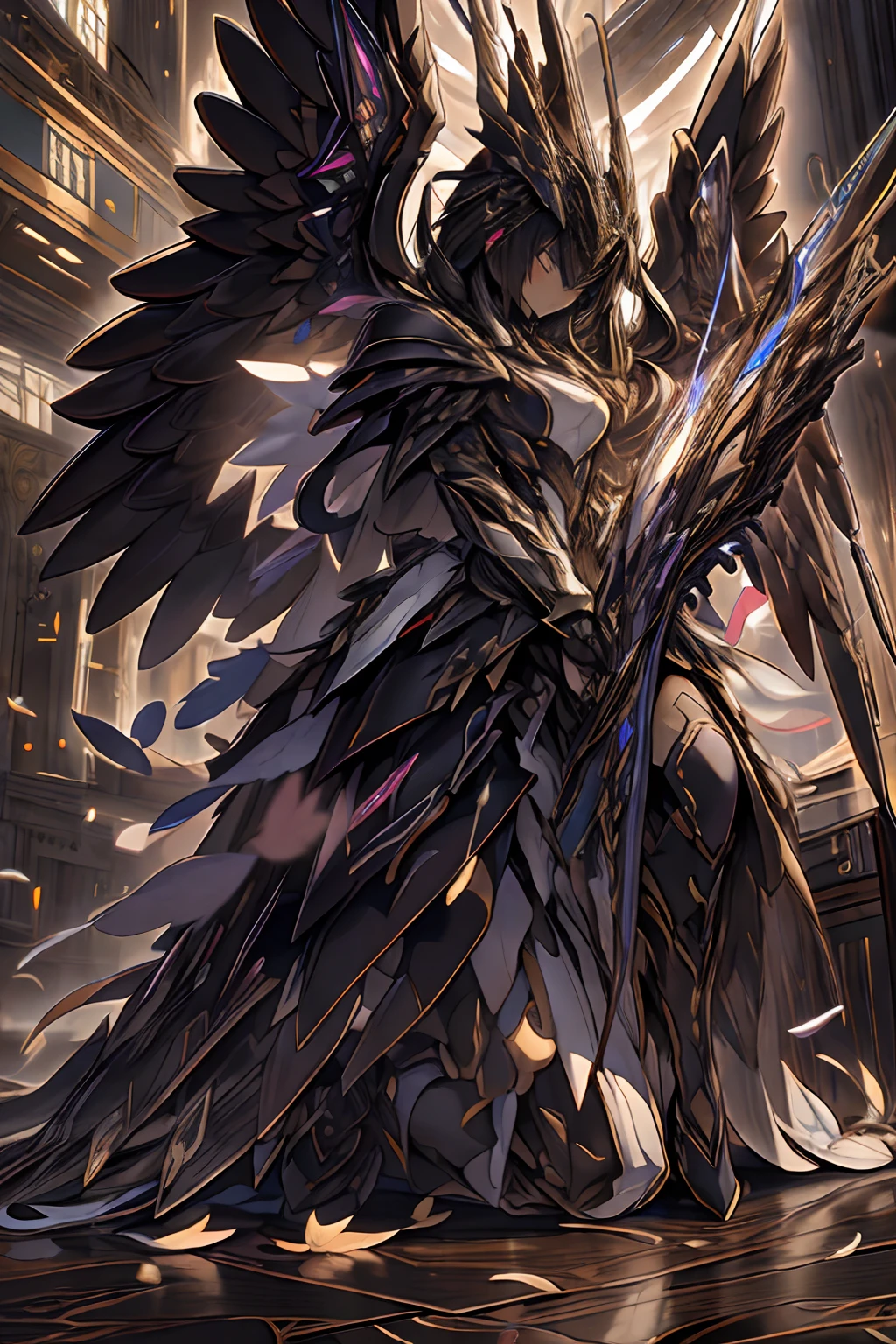 aura,purple lightning,condense energy in hands,, masterpiece, 4k, absurdres,yugioh style yugioh monster glowing outline ,whirlwind of feathers background,black wings,dark clouds,purple lightning,, highly detailed CG unified 8K wallpapers, 8k uhd, dslr, high quality, (anime girl in black armor, glitchy glitching, black hair, M4rbleSCNEW, holding bow and arrow, on knees, in cathedral, stain ed glass windows, cinematic lighting