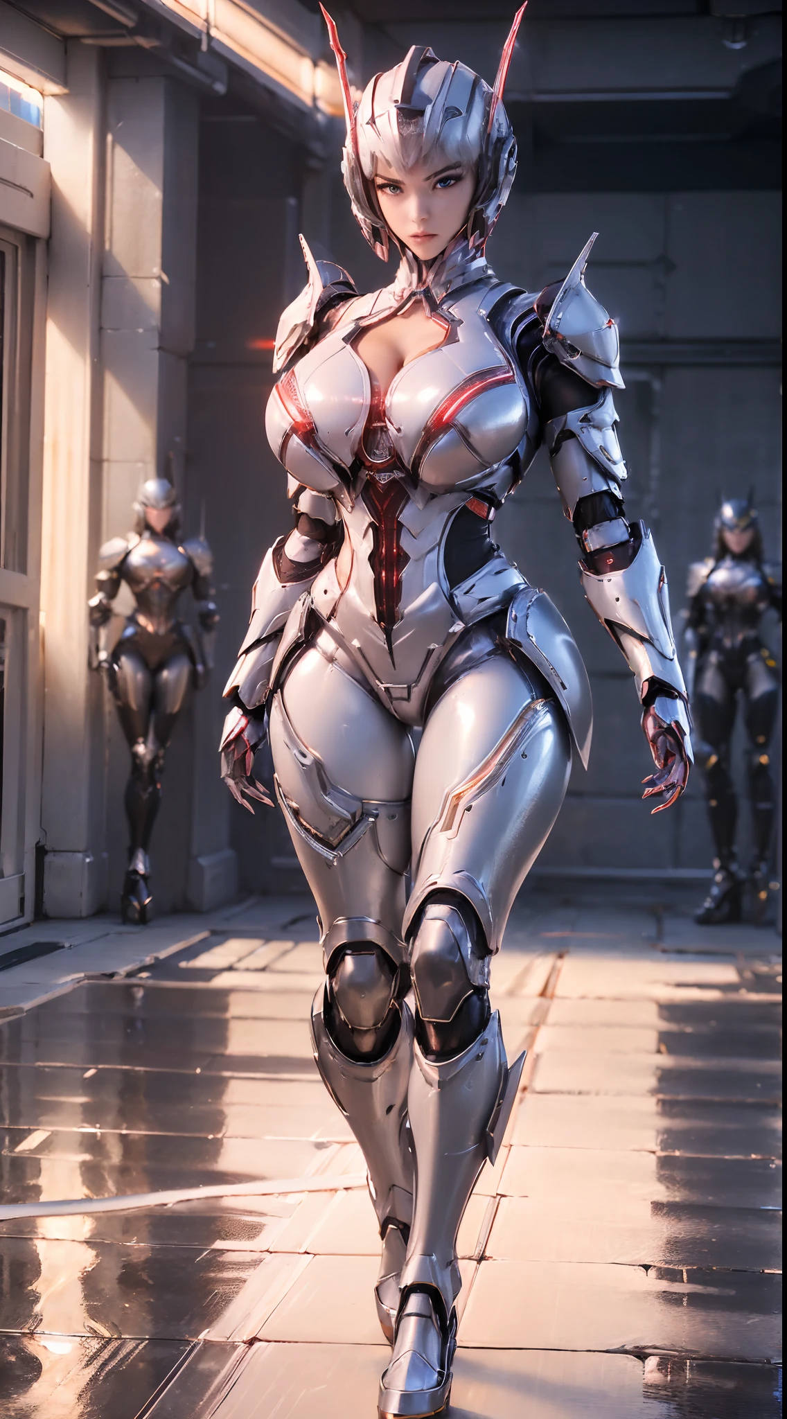 [Goddess of magistrates]A hundred refining into a god - cloud fall/Hundred Refined God-Yunluo, (1GIRL, ALONE, SOLO), (super detailed face), (half face mecha helm:1.2), (BIG BUTTOCKS, HUGE FAKE BREAST:1.3), (CLEAVAGE:1.5), (MUSCLE ABS:1.3), (MECHA GUARD ARMS, DIAMOND CORE IN CHEST ARMOR:1.3), (RED WHITE SHINY FUTURISTIC MECHA ARMORED, MECHA SKINTIGHT SUIT PANTS, MECHA GUARD ARMOR LEGS, HIGH HEELS:1.5), (MUSCULAR FEMALE BODY, GLOWING SKIN, SEXY LONG LEGS:1.1), (LOOKING AT VIEWER:1.3), (female focus:0.886), (WALKING DOWN HALLWAY OF FUTURISTIC SPACE STATION:1), (BRIGHT LIGHT WHITE_ROOM:1.3), HYPER TEXTURE, UNREAL ENGINE RENDER, PHYSICALLY-BASED RENDERING, ULTRA HIGHT DEFINITION, 16K, 1080P.