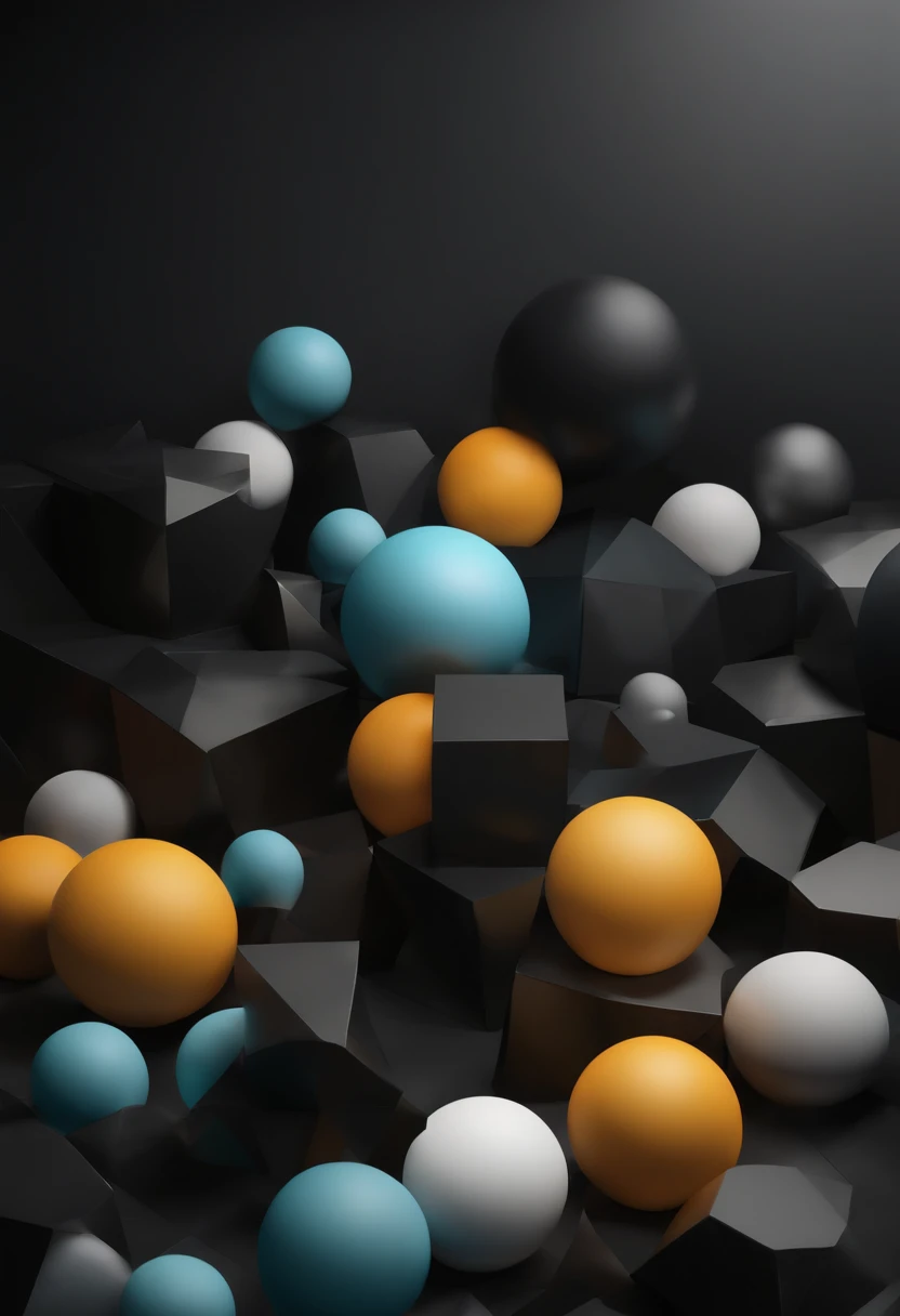 spherical objects,black background,triangle overlays the square block,triangle overlays the square block,(best quality,4k,8k,highres,masterpiece:1.2),ultra-detailed,(realistic,photorealistic,photo-realistic:1.37),Abstract,Metallic,Subtle color palette,dynamic lighting,soft gradient highlights,sharp shadows,textured surface,mysterious atmosphere,crisp edges,contrasting shapes,visual illusion