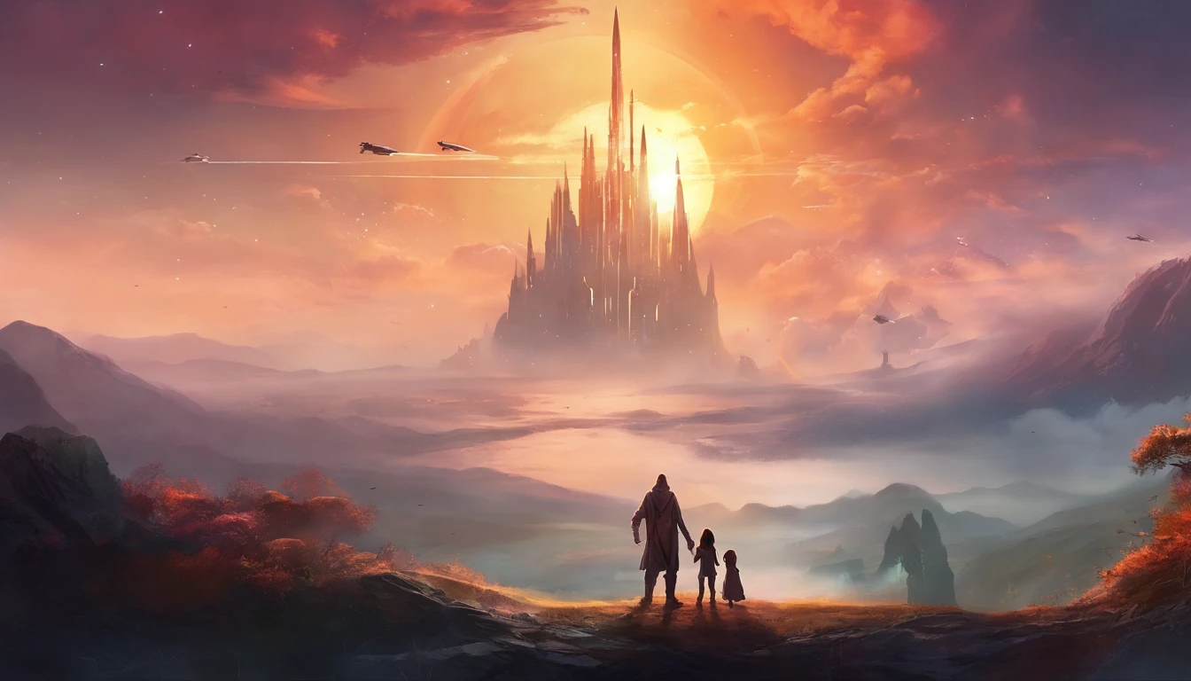 A couple Fighter Spaceship flying over a silhouette of a father and daughter from Vietnam who are standing on a mountain with the wind blowing the daughters hair and the fathers jacket, concept art wallpaper 4k, sci-fi fantasy wallpaper, sci fi artwork, detailed sci-fi art, beautiful sci fi art, spaceships in the cloudy sky, concept art artwork masterpiece, concept art 4k, concept art 4 k, sci fi concept art, mystical sci-fi concept art