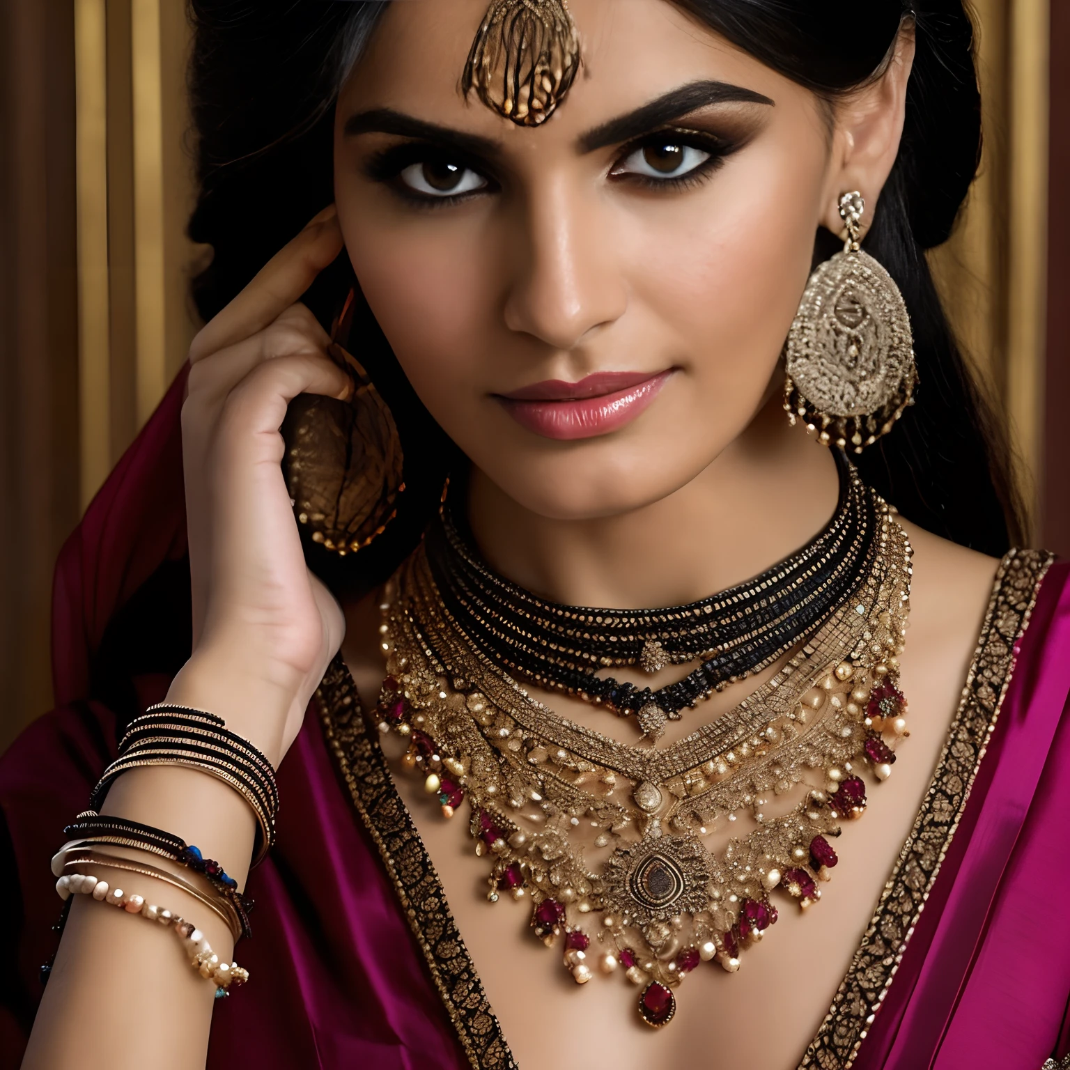 Arad woman in sari,Wearing necklaces and necklaces, Intricate sets, Decorated with precious stones, Complicated to wear, detailed jewellery, with intricate detail, intricate outfits, wearing elegant jewellery, Intricate details. frontage, black jewelry, detailed jewellery, High intricate details, photo of a hand jewellery model, Close portrait, Intricate beauty, intricate jewelry, side view intricate details