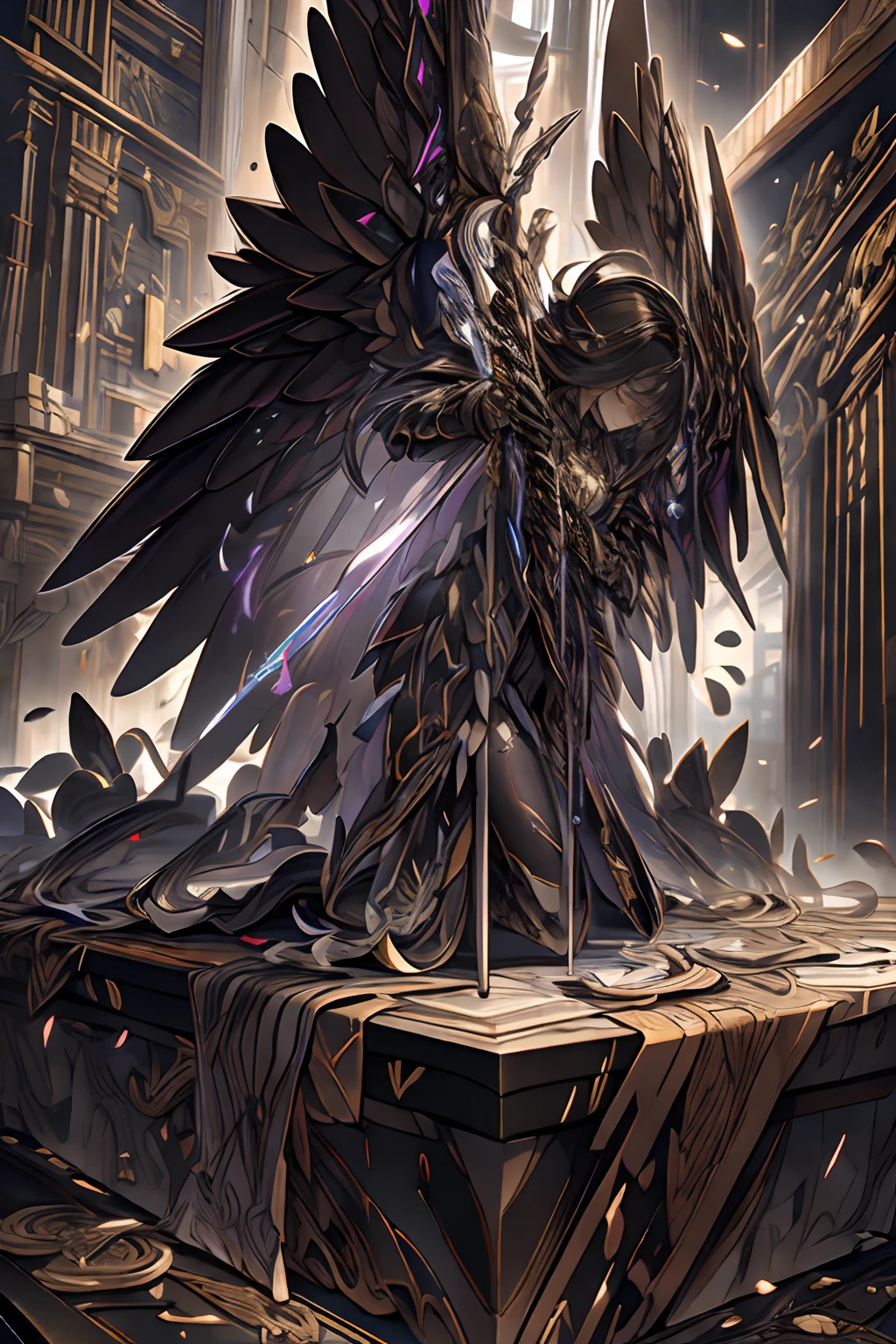 aura,purple lightning,condense energy in hands,, masterpiece, 4k, absurdres,yugioh style yugioh monster glowing outline ,whirlwind of feathers background,black wings,dark clouds,purple lightning,, highly detailed CG unified 8K wallpapers, 8k uhd, dslr, high quality, (anime girl in black armor, glitchy glitching, black hair, M4rbleSCNEW, holding bow and arrow, on knees, in cathedral, stain ed glass windows, cinematic lighting