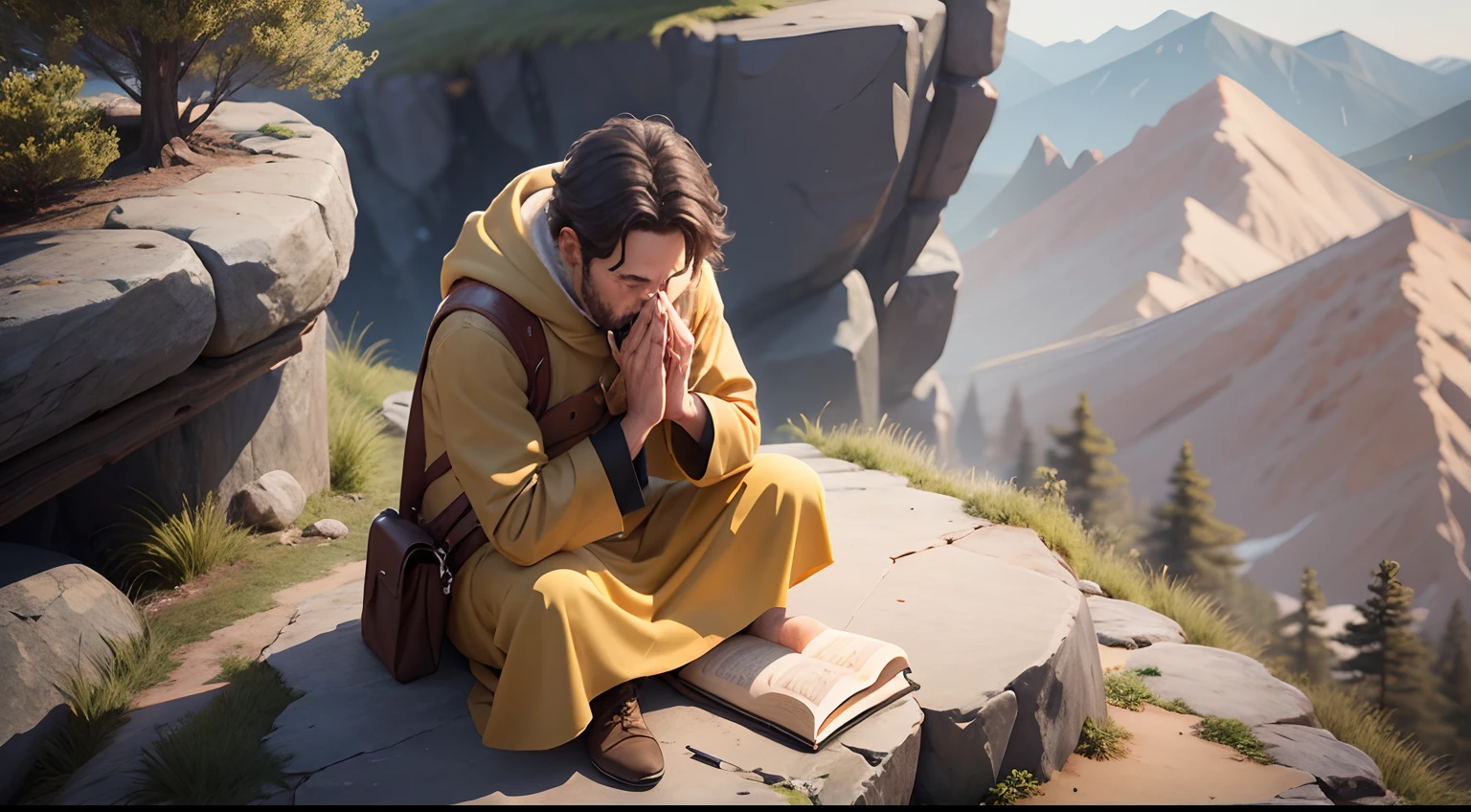 A Bible on the Mountain, Man in Prayer in Disney 3D Cartoon Format