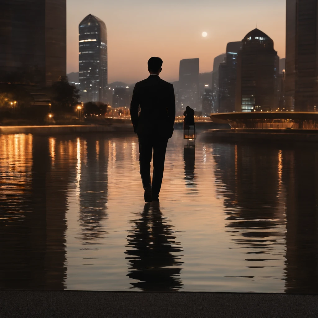 Sim. So, let's modify the design idea to have a more modern Korean feel.
Album Cover Design Ideas (Modern Korean feel):
1. **Background with**:
-feature: The reflection of the light of the flowing water in the night view of the Han River, You can see the Korean city skyline and the lights of skyscrapers.
2. **Central figure**:
-feature: A man in modern clothes stands facing one side. There are some tears and longing in his eyes.
3. **Detail**:
-feature: A silhouette of a woman is blurred behind him. She is on the other side of the street, looking in a different direction.
-Details: The distance between the two is a fallen smartphone and a stationary hourglass. Smartphones represent the connection of modern people,, The hourglass represents the time that has passed.
4. **Colors**:
-feature: The overall color of the album is a bit dark, but, The lights of the Han River and the windows of the building give a warm feeling. The contrast between light and shadow in the night scene represents a complex balance of emotions.
summarization:
This album cover is set against the backdrop of a modern Korean city and the Han River., The End of Love and Longing, It tries to convey the emotion of waiting with modern elements.