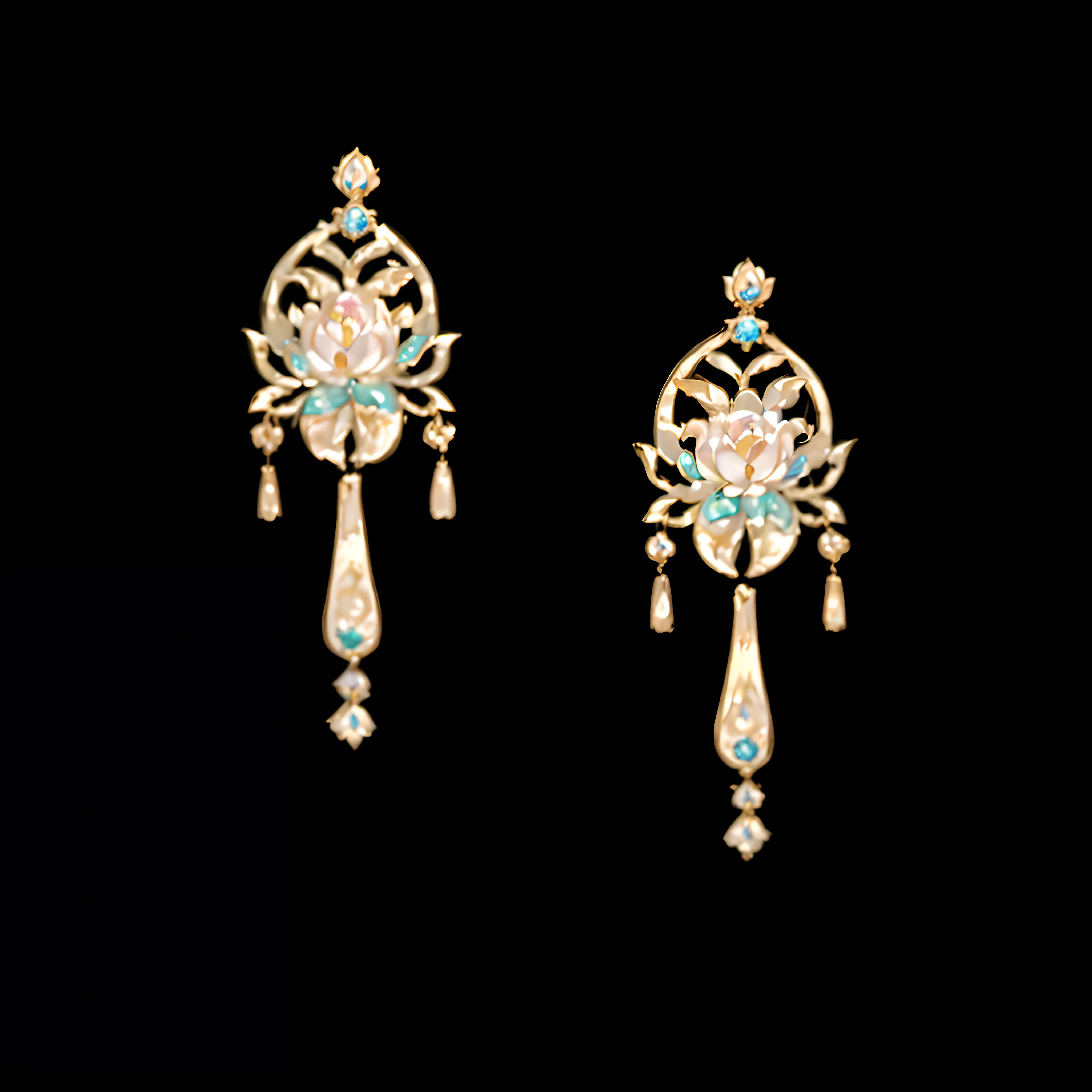 ultraclear,Superb details,Ultimate detail,Exquisite jewelry,Close up of gemstones and flowers, Delicate and ornate enthronement earrings, Gorgeous earrings, Gorgeous earrings, Ultra-realistic fantasy earrings, Gorgeous earrings Delicate jewelry earrings, ancient chinese ornate, The earrings are of high quality, Qing dynasty, Gorgeous metal gold earrings,Pair it with beautifully decorated earrings