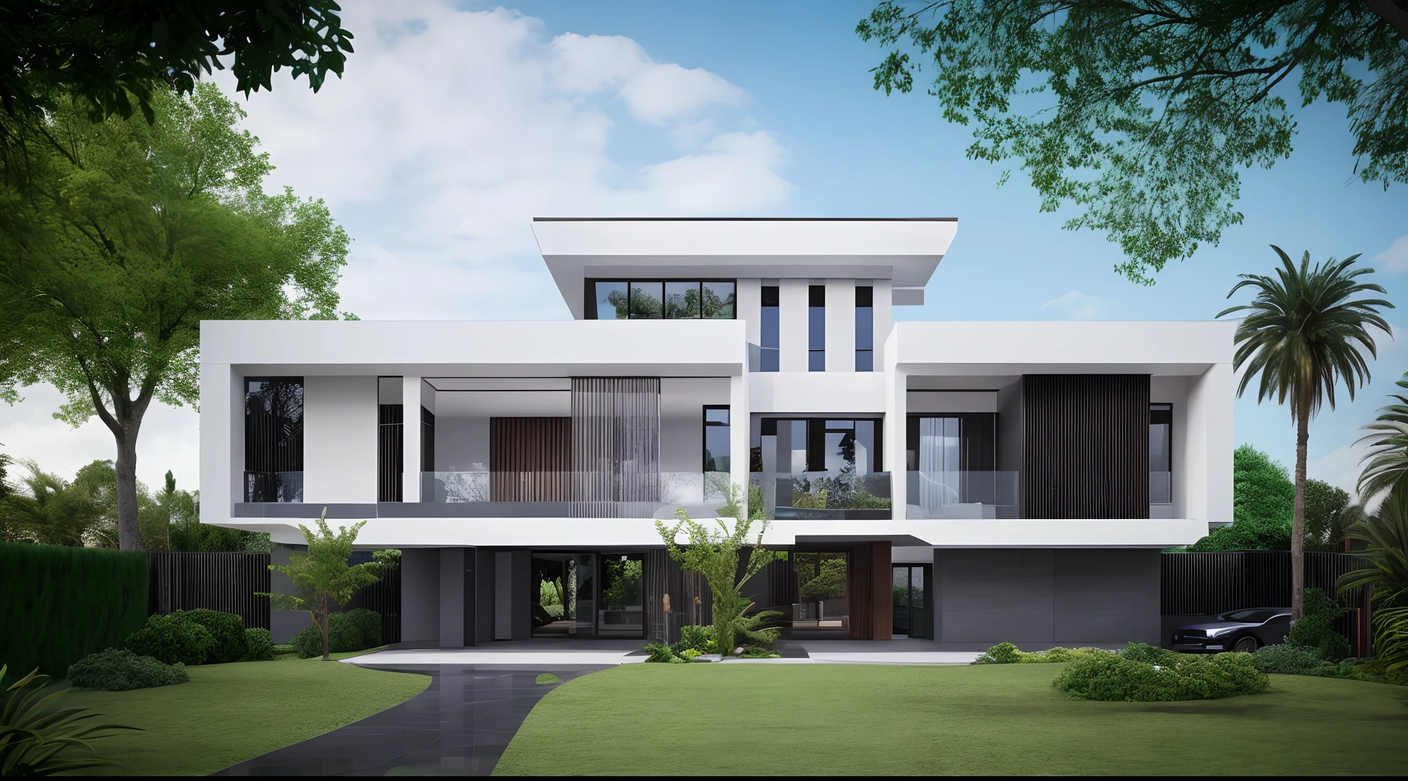 modernvilla, fully tiled, trees, vine, architecture, building, cloud, vivid colour, masterpiece,best quality,super detailed,realistic,photorealistic, 8k, sharp focus, a photo of a building