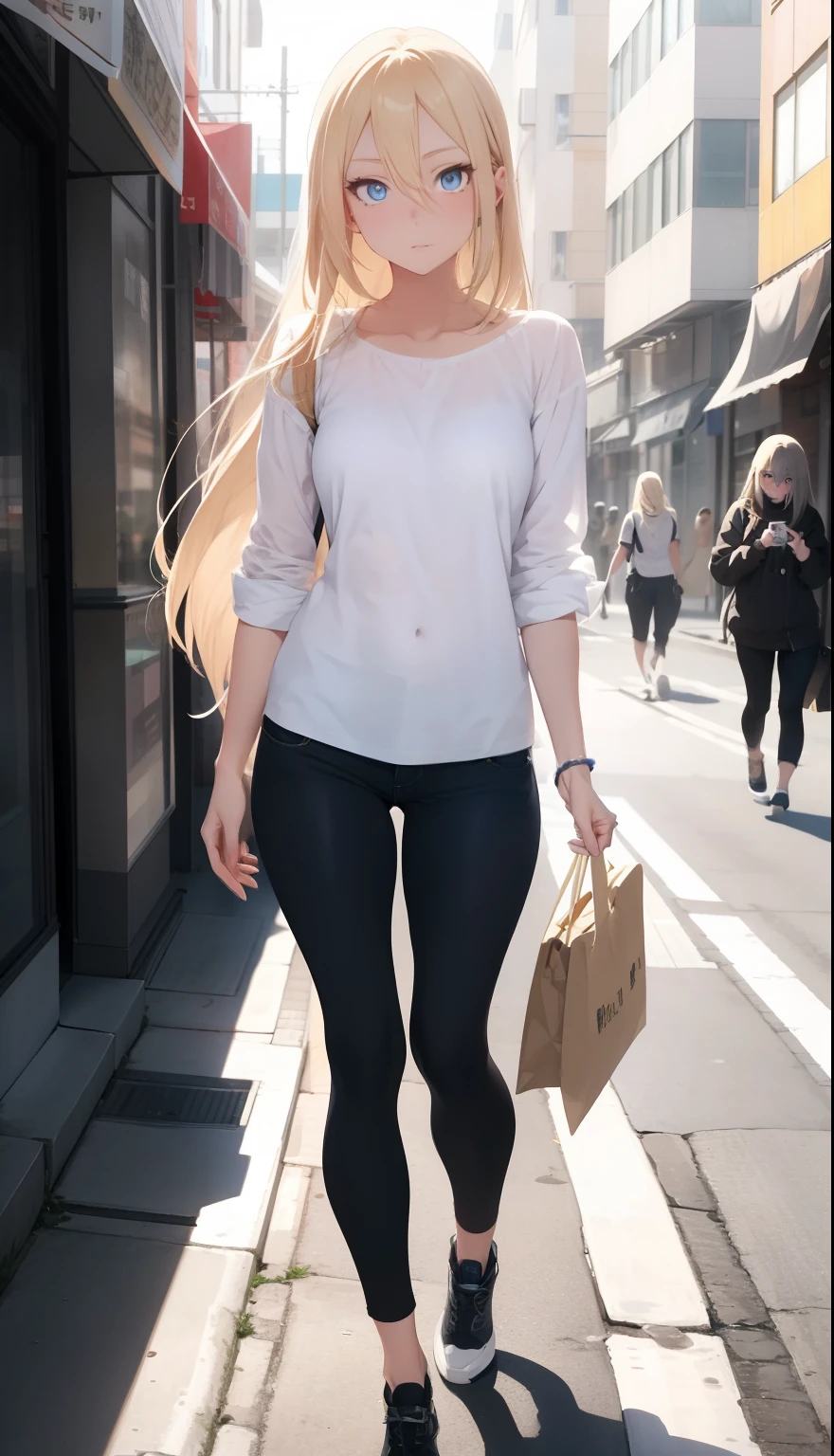 A beautiful blonde girl with blue eyes, walking down the street, the camera focusing on her back, as she looks over her shoulder, long straight hair, thin lips and thin nose, big chest, beautiful gradient, Full body, Beautiful anime style girl, clean detai...