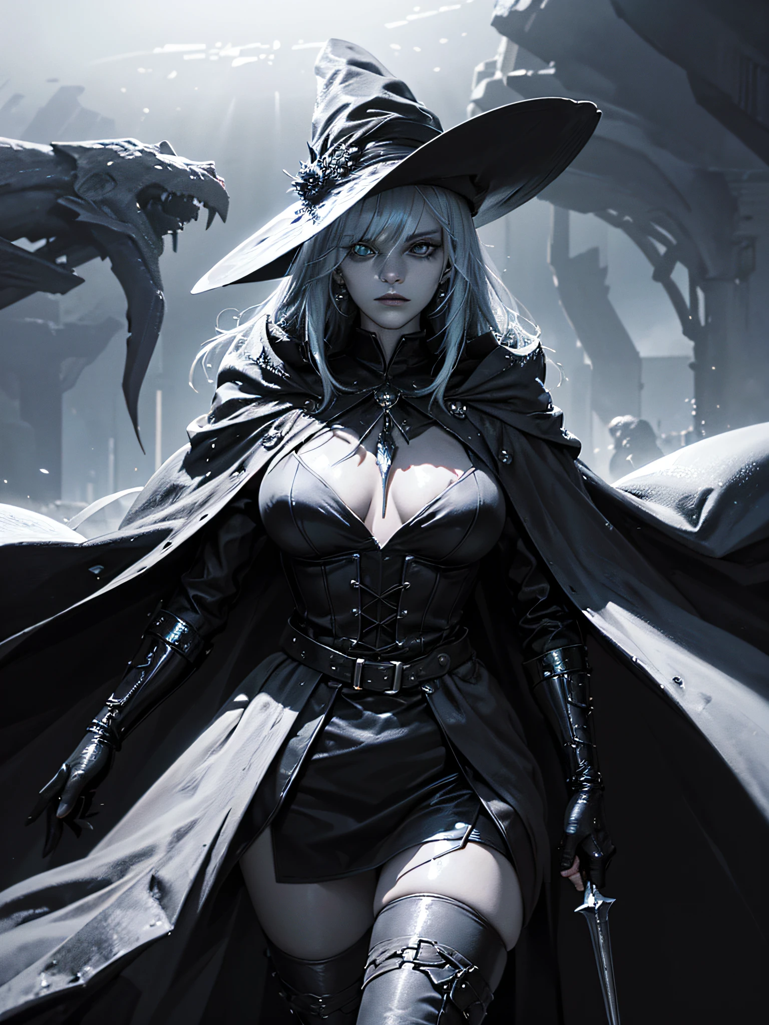 A High Mage with a very large wizard's hat that covers part of her face, angry face with neon flash lit eyes, holding an extremely detailed crystal staff, long black clothing and cloak/cape, full black clothing, emanating aura extremely sinister, Full body, FULL BLACK, {extremely detailed 8k CG unit wallpaper}, expansive landscape photography, (a low view with focus on character and setting), (wide open field view), ( low angle photo), (high light: 1.0), (low light: 1.6), (warm light source: 1.2), complex details, (iridescent colors: 1.8), (bright lighting), (atmospheric lighting), dreamy , Magical, surrealist