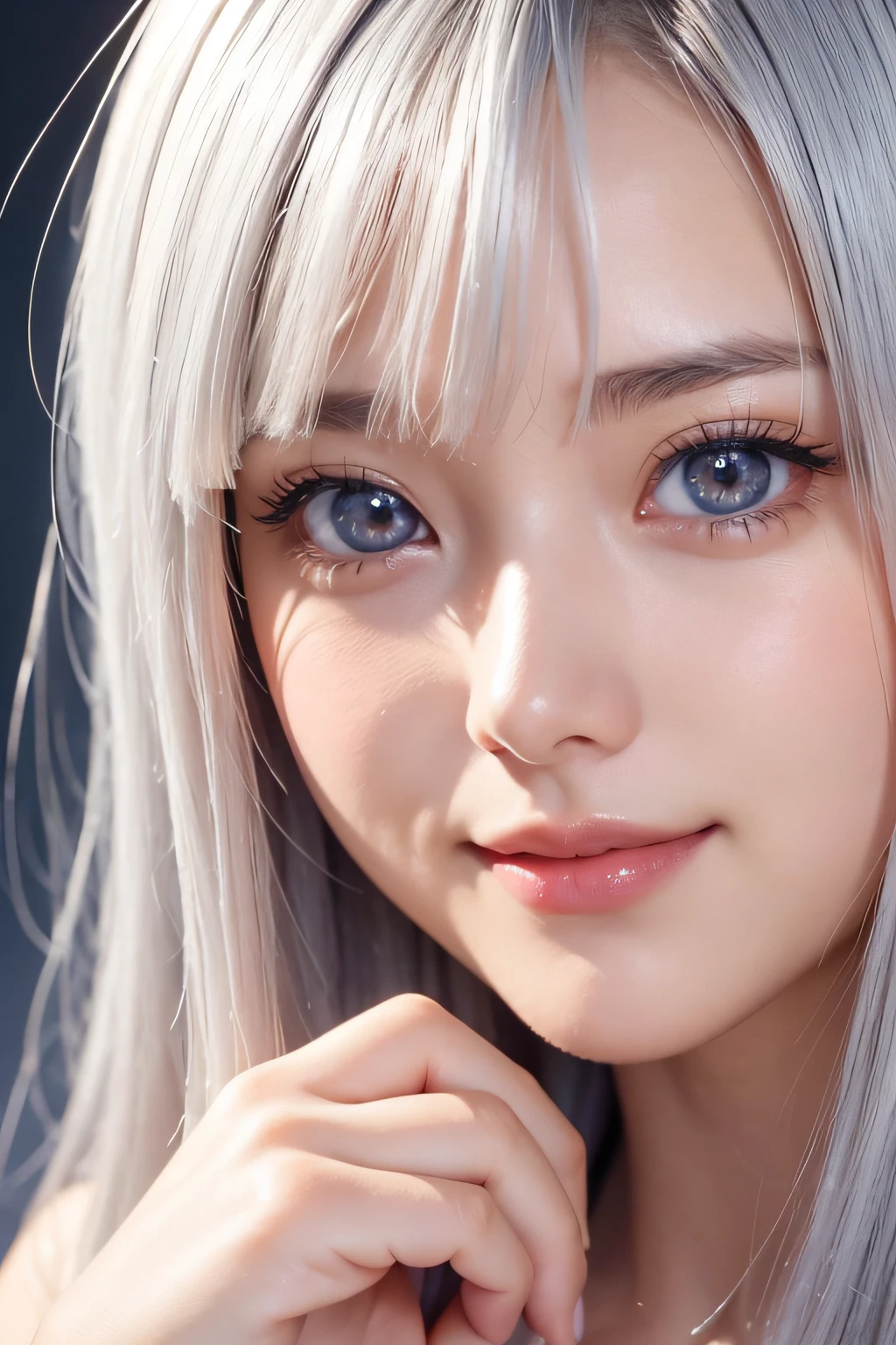 an anime girl, Her eyes are big and curious, facial close-up、She was excited and happy to see me, A smile、Beautiful eyes, White hair, Pink eyes, good art, Good drawings, 2D Anime, 2D, Cute, 2 hands and 5 fingers on each hand, Beautiful hands, Good hands are drawn, 4K, 8K, facial close-up