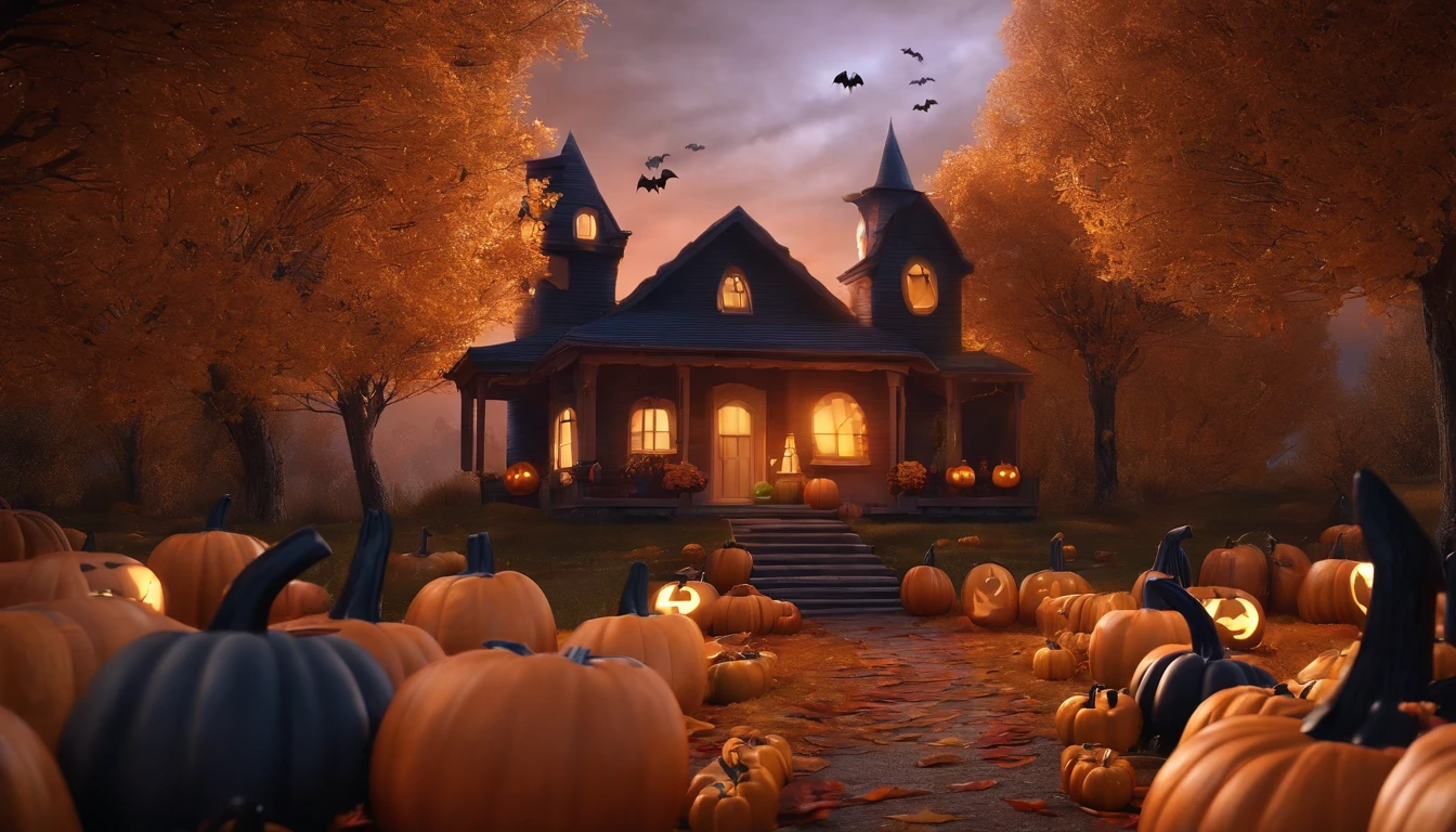 Halloween punk,pumpkins,bats,(巨作), (Best quality), Photoreality, Realistic, Ultra-detailded, 8K resolution, Front light, Cinematic light, cold light, Dark background, Inside the house, mystique, fantasy, pumkin