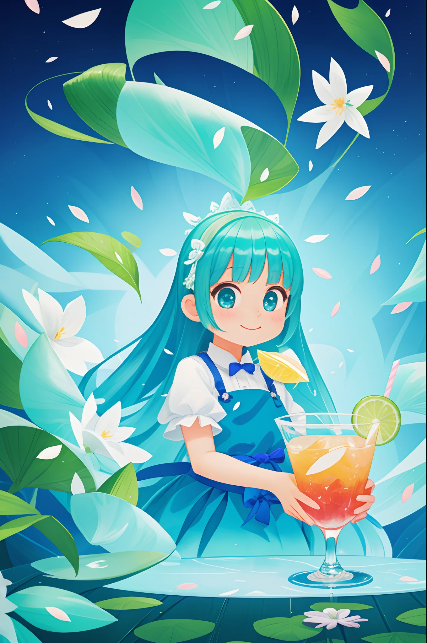 A kawaii girl is pouring a cocktail with a flourish, petals of blue and green cascading around her as she creates a dazzling display.