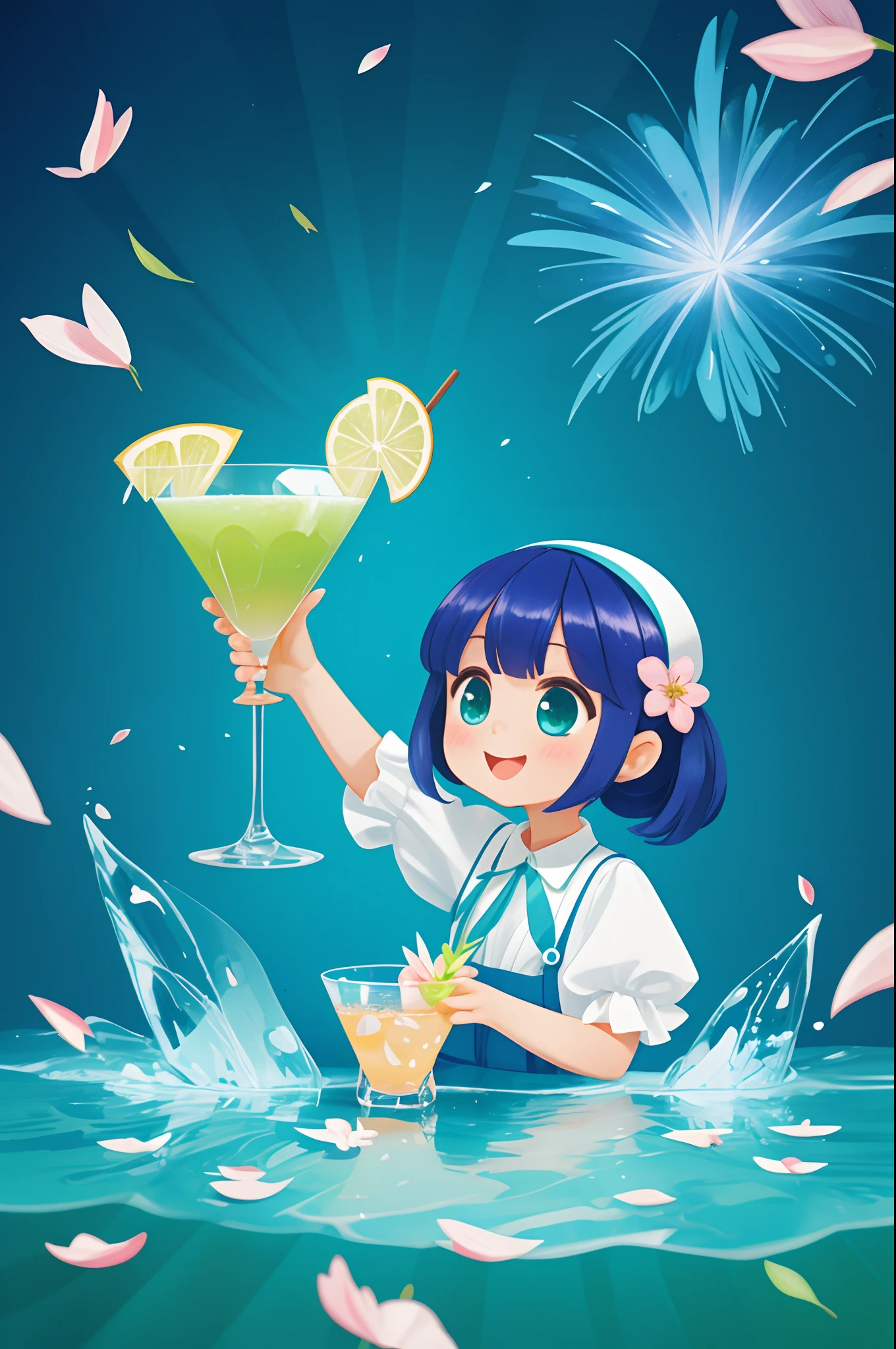 A kawaii girl is pouring a cocktail with a flourish, petals of blue and green cascading around her as she creates a dazzling display.