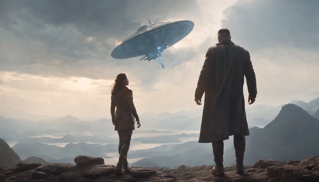 A couple Fighter Spaceship flying over a silhouette of a father and daughter from Vietnam who are standing on a mountain with the wind blowing the daughters hair and the fathers jacket, concept art wallpaper 4k, sci-fi fantasy wallpaper, sci fi artwork, detailed sci-fi art, beautiful sci fi art, spaceships in the cloudy sky, concept art artwork masterpiece, concept art 4k, concept art 4 k, sci fi concept art, mystical sci-fi concept art