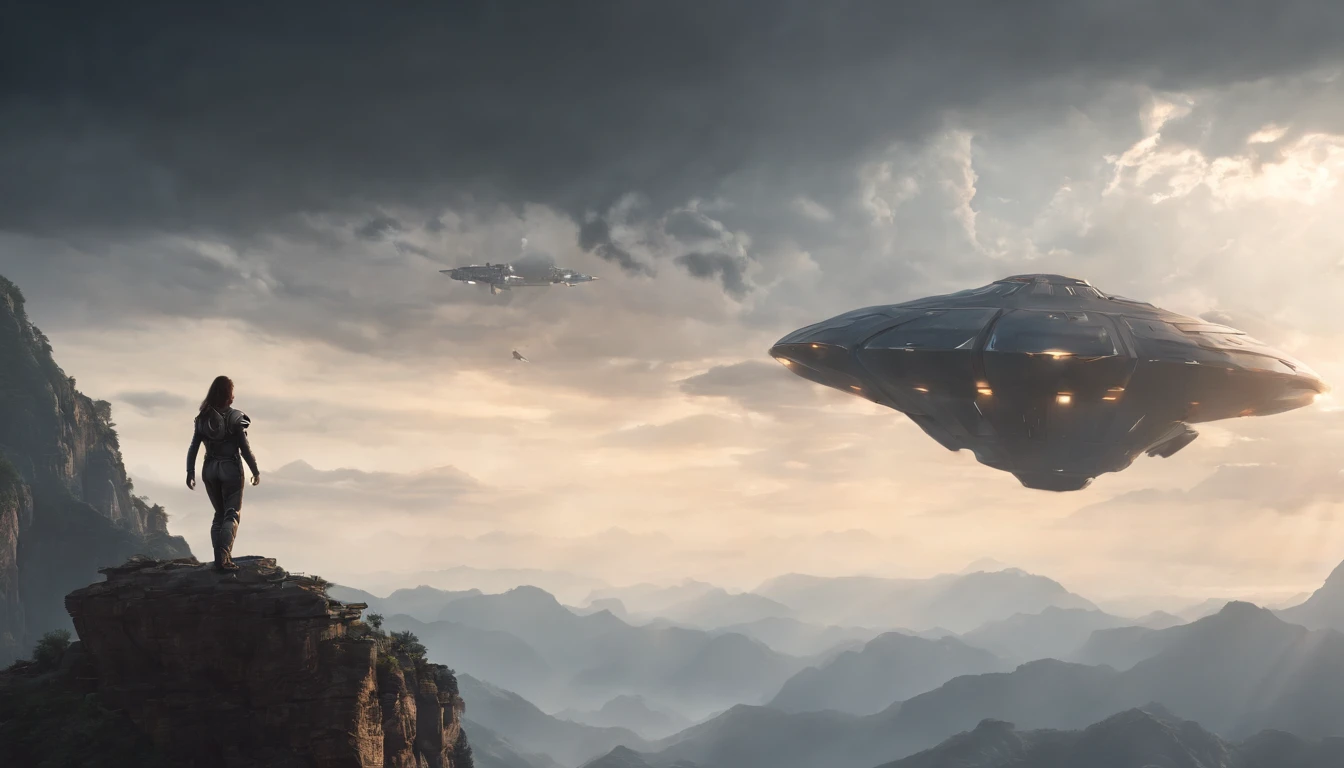A couple Fighter Spaceship flying over a silhouette of a father and daughter from Vietnam who are standing on a mountain with the wind blowing the daughters hair and the fathers jacket, concept art wallpaper 4k, sci-fi fantasy wallpaper, sci fi artwork, detailed sci-fi art, beautiful sci fi art, spaceships in the cloudy sky, concept art artwork masterpiece, concept art 4k, concept art 4 k, sci fi concept art, mystical sci-fi concept art