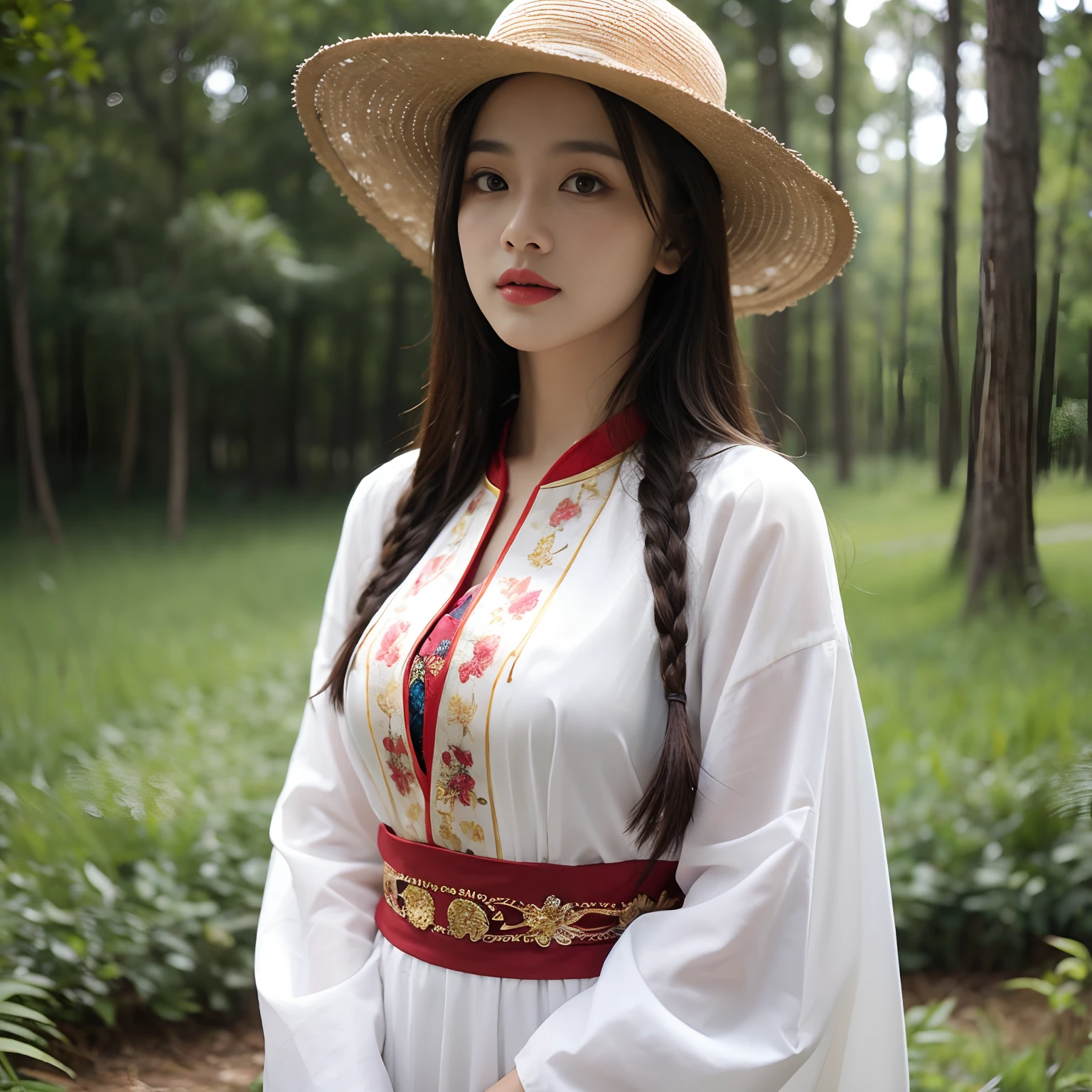 Wearing a hat, Forest in the background, Ethnic style clothing