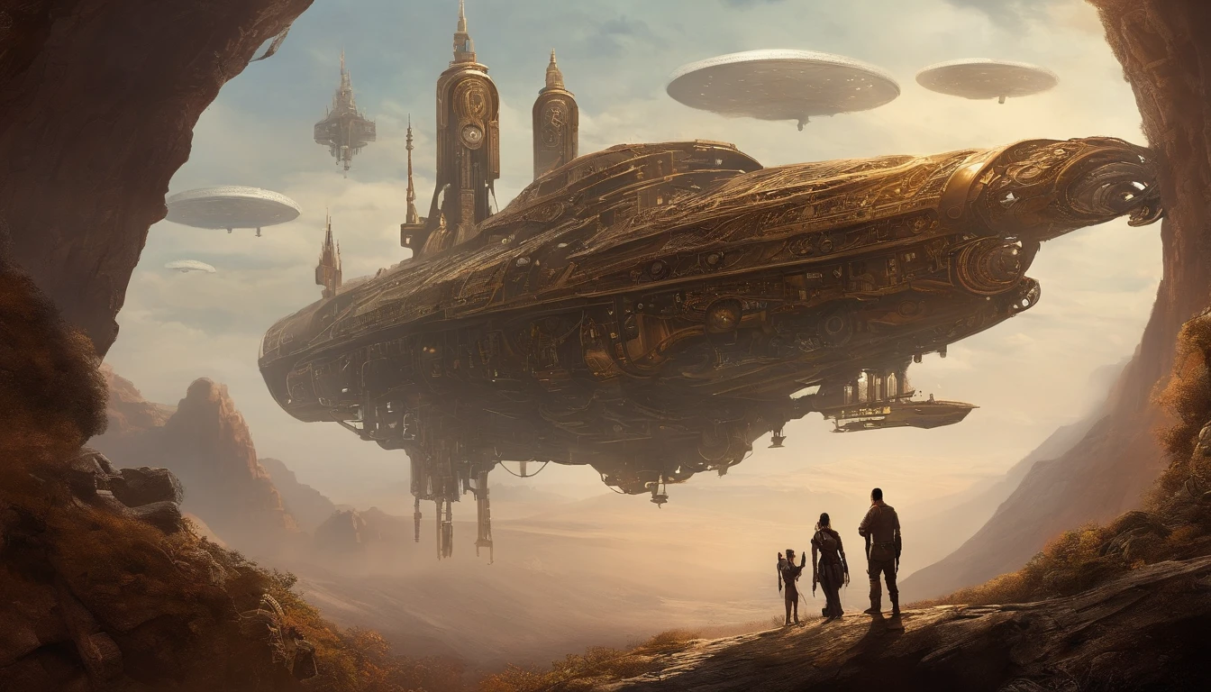 A couple Fighter Spaceship flying over a silhouette of a father and daughter from Vietnam who are standing on a mountain with the wind blowing the daughters hair and the fathers jacket, concept art wallpaper 4k, sci-fi fantasy wallpaper, sci fi artwork, detailed sci-fi art, beautiful sci fi art, spaceships in the cloudy sky, concept art artwork masterpiece, concept art 4k, concept art 4 k, sci fi concept art, mystical sci-fi concept art