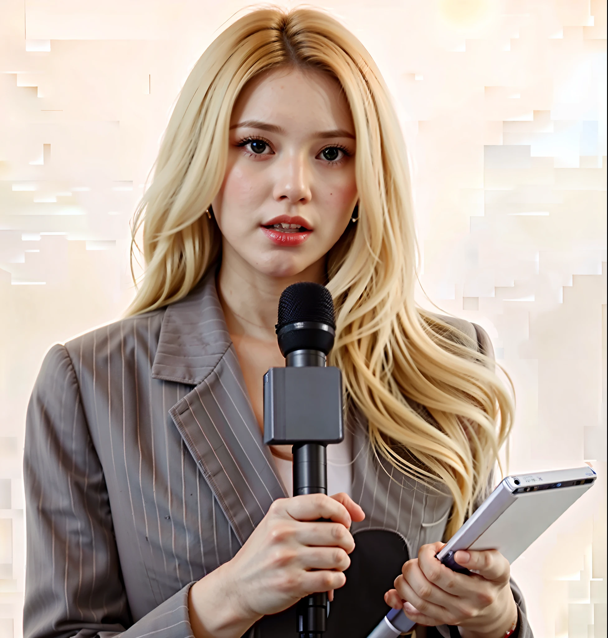 a blonde girl , full body, in reporter dressing, shes holding and speaking in a microfone