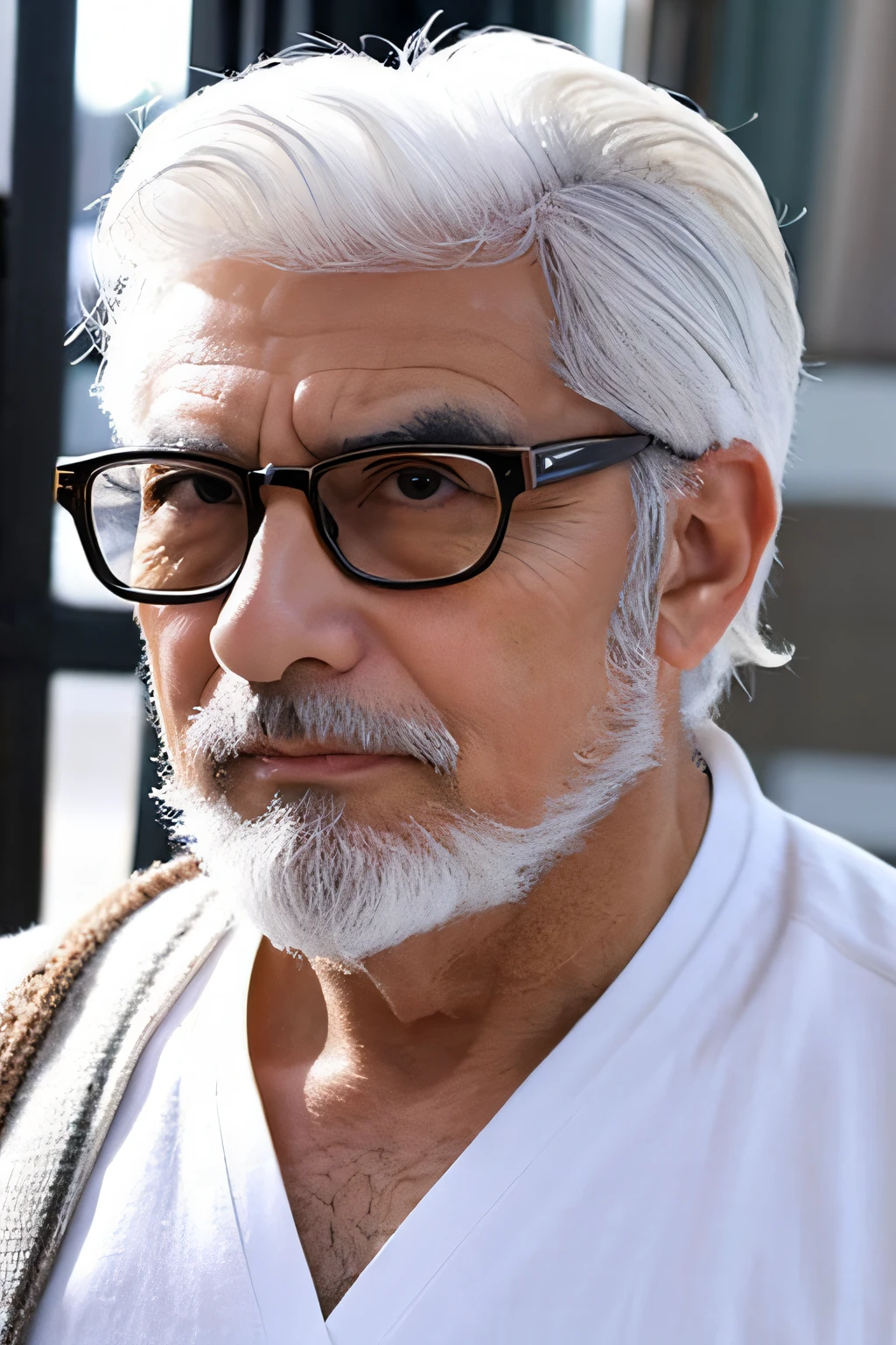 (Beardless)、soio、japanese male、(white hair)、(Allback)、(Stern face)、Black-rimmed glasses、(macho)、sixty years old、sharp eye、KENDOU
