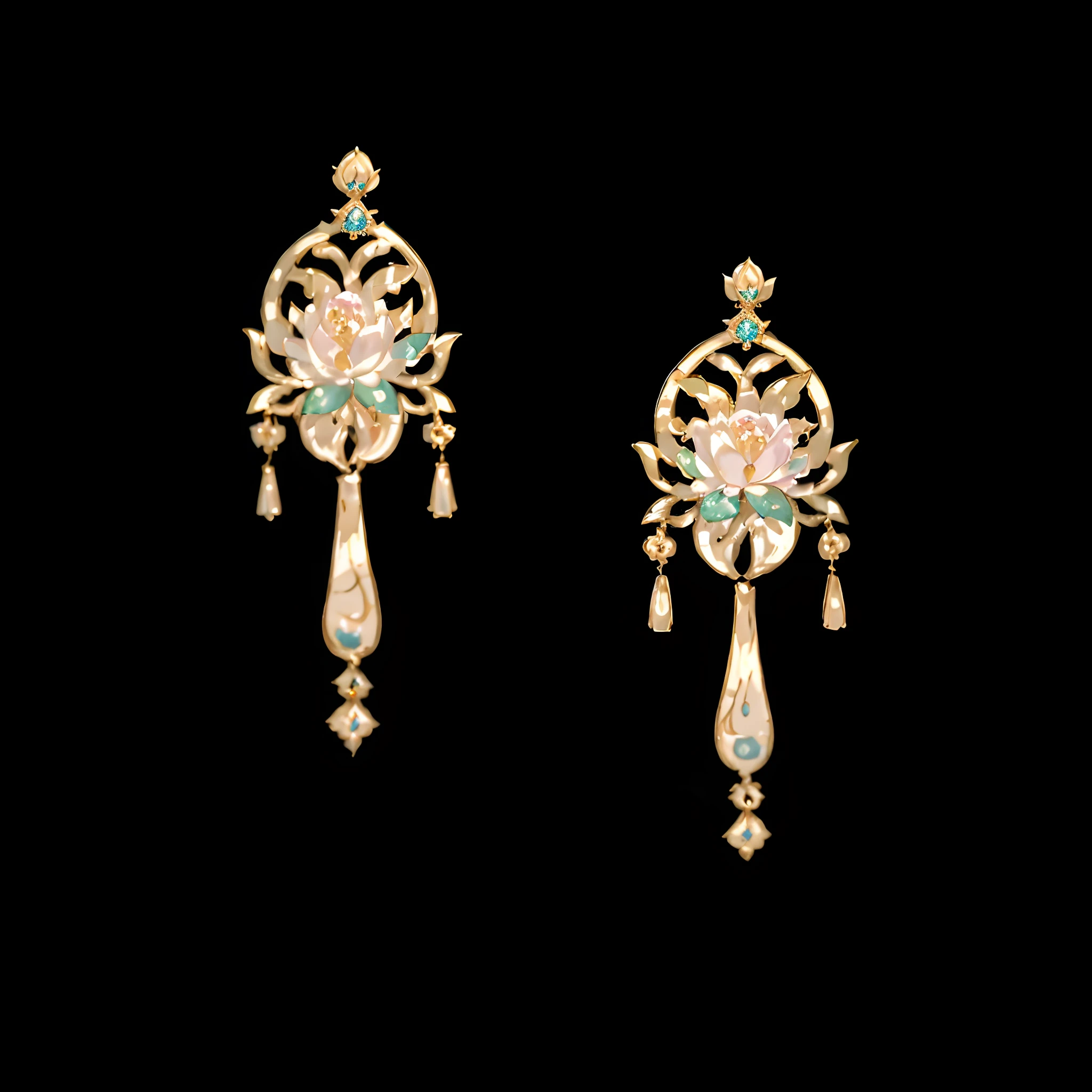 ultraclear,Superb details,Ultimate detail,Exquisite jewelry,Close up of gemstones and flowers, Delicate and ornate enthronement earrings, Gorgeous earrings, Gorgeous earrings, Ultra-realistic fantasy earrings, Gorgeous earrings Delicate jewelry earrings, ancient chinese ornate, The earrings are of high quality, Qing dynasty, Gorgeous metal gold earrings,Pair it with beautifully decorated earrings