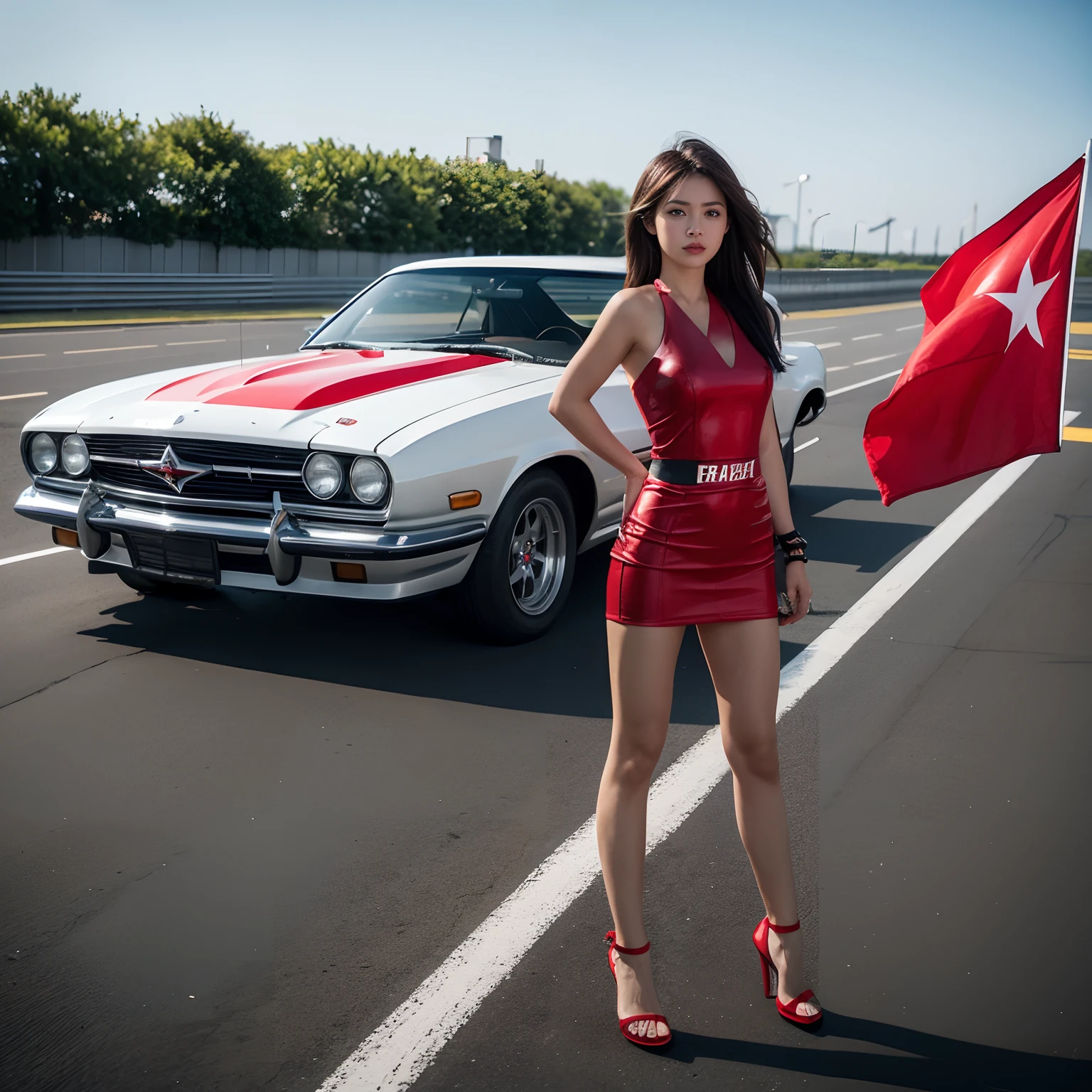 Racer woman,Stand on the roof of the car holding a five-star red flag