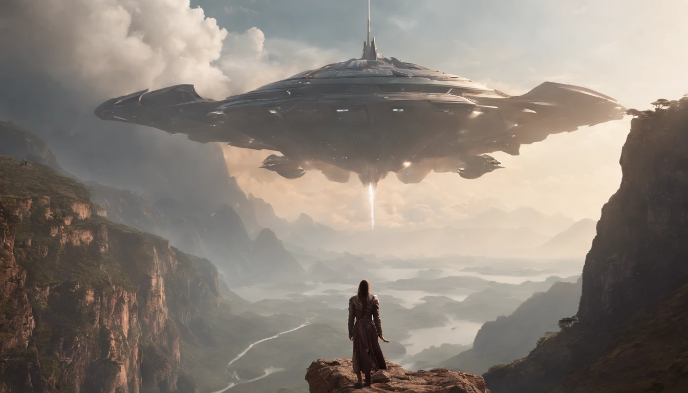 A couple Fighter Spaceship flying over a silhouette of a father and daughter from Vietnam who are standing on a mountain with the wind blowing the daughters hair and the fathers jacket, concept art wallpaper 4k, sci-fi fantasy wallpaper, sci fi artwork, detailed sci-fi art, beautiful sci fi art, spaceships in the cloudy sky, concept art artwork masterpiece, concept art 4k, concept art 4 k, sci fi concept art, mystical sci-fi concept art