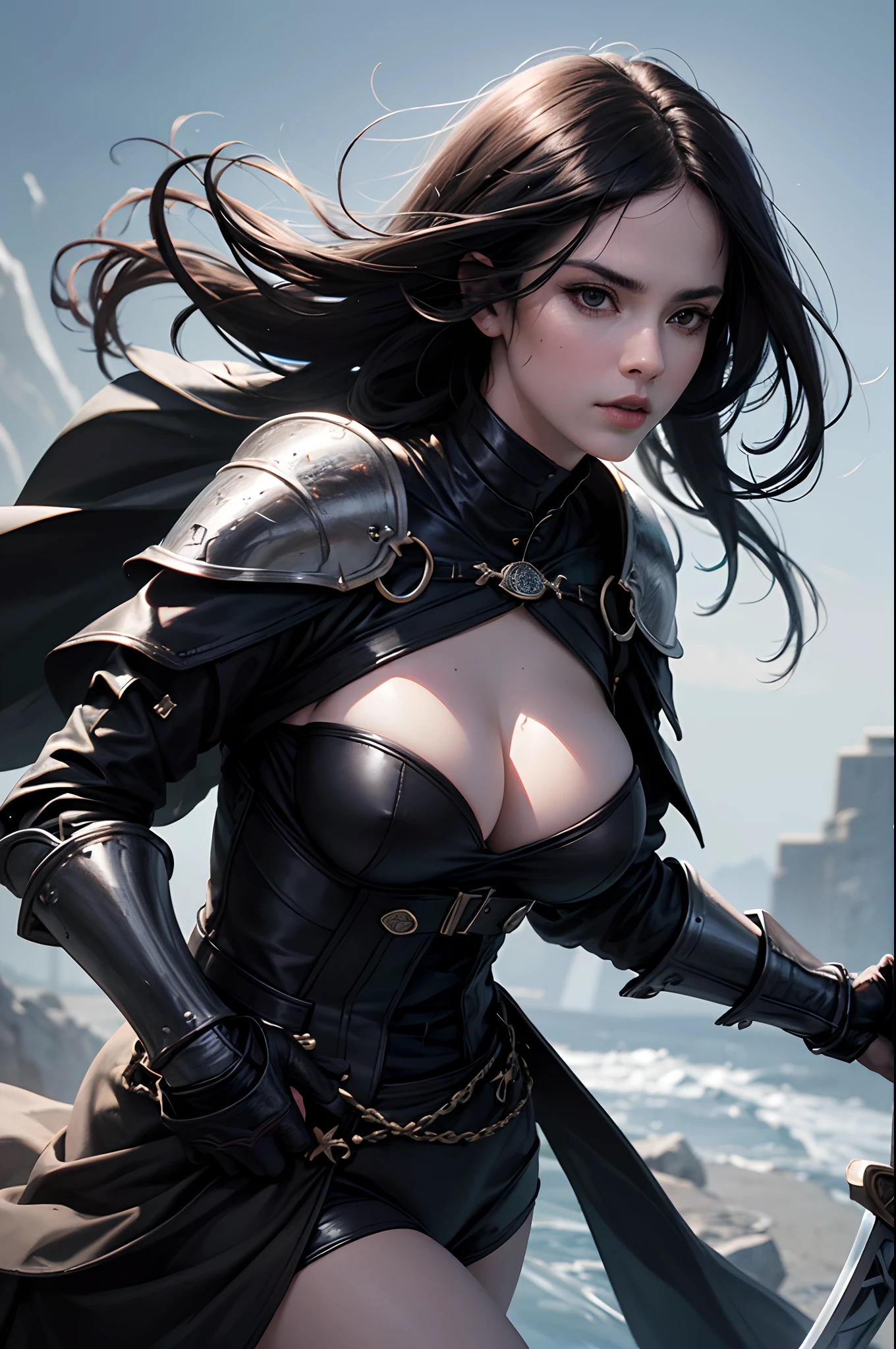 (best quality,4k,8k,highres,masterpiece:1.2),ultra-detailed,(realistic,photorealistic,photo-realistic:1.37),portrait,black and white,dark,medieval,fantasy,women,female warrior,serious expression,long black hair,piercing detailed black eyes,big breasts,dark armor,swordswoman with a large black sword,shadowy,mysterious,holding a large black sword,black shield,sharp focus,dramatic lighting