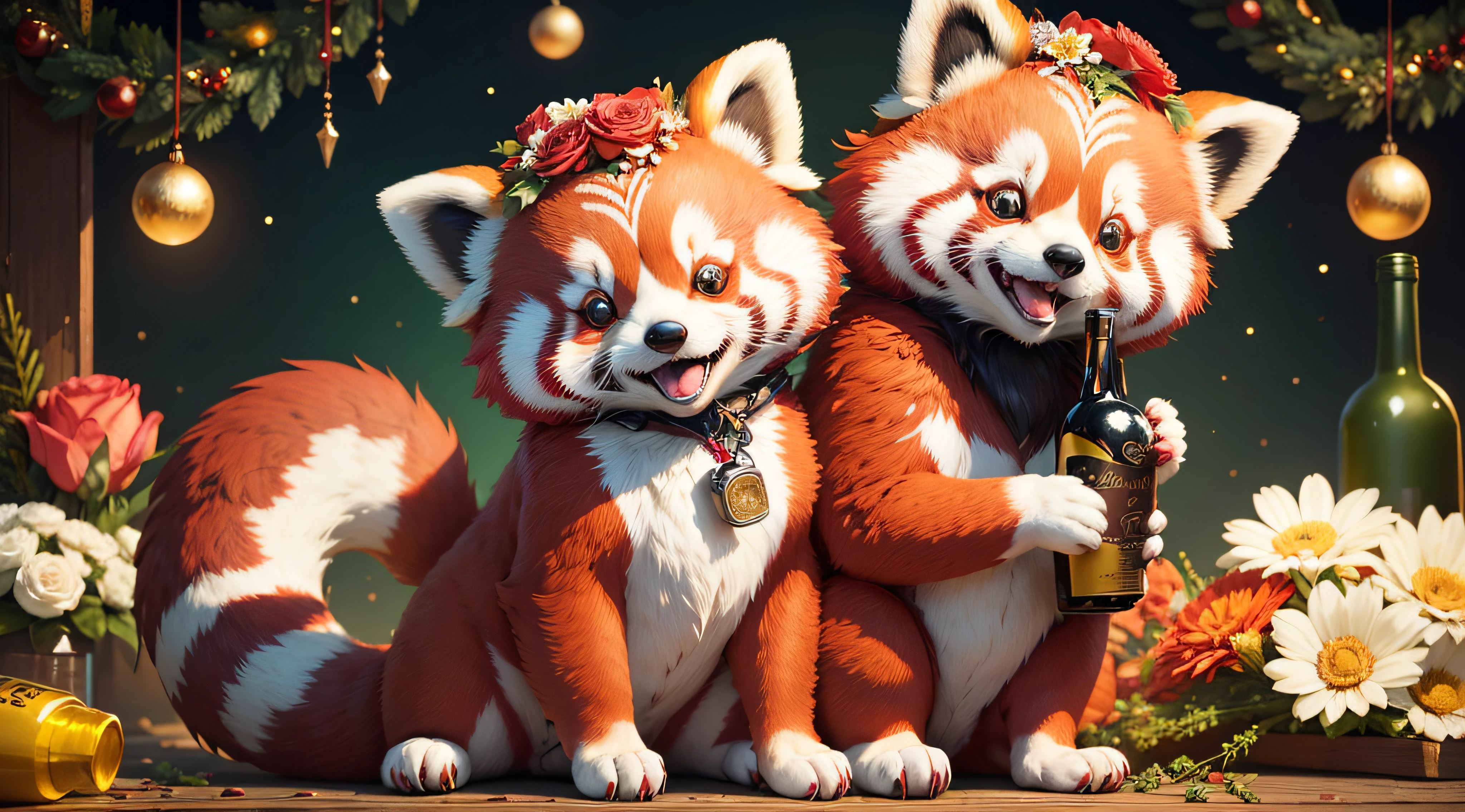 1 creature, (properly proportioned, max detail, Festive mood, A Joyful Feeling, Cheerful background) Red panda with a bottle of wine and a bouquet of flowers