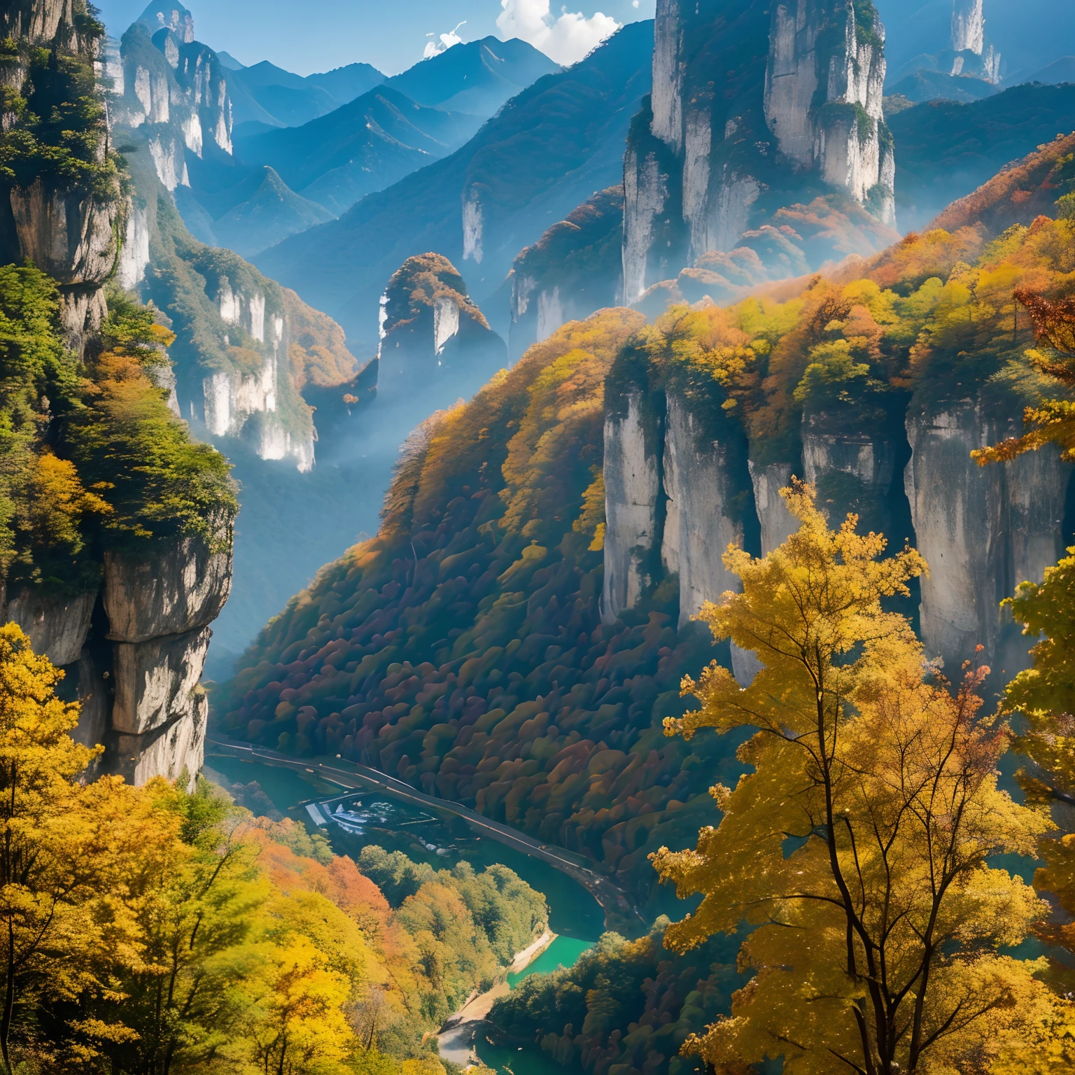 The peaks of Zhangjiajie are stacked,Strange and weird,Amazing。Golden autumn time,The leaves on the mountain turn golden,The view is even more stunning。The stream below the mountain is crystal clear,The turquoise emerald color is enchanting。