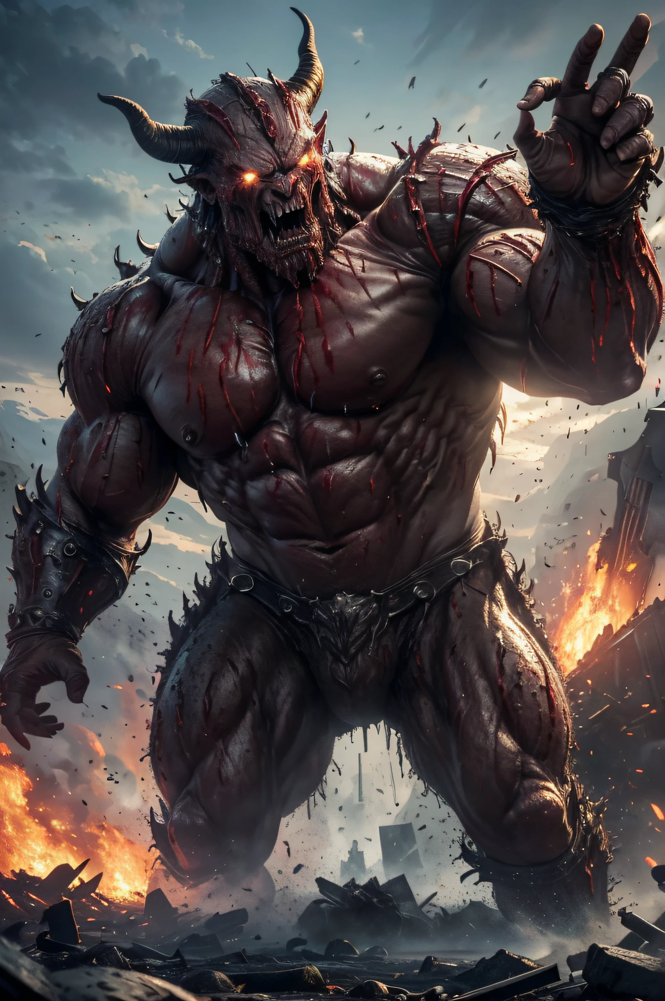 (best quality,4k,8k,highres,masterpiece:1.2),ultra-detailed,realistic:1.37, colossus, enormous demonic creature, terrifying, chaotic, colossal war scene, blood-stained battlefield, heart ripped out, menacing, monstrous, terrifying killer, wrath, fear