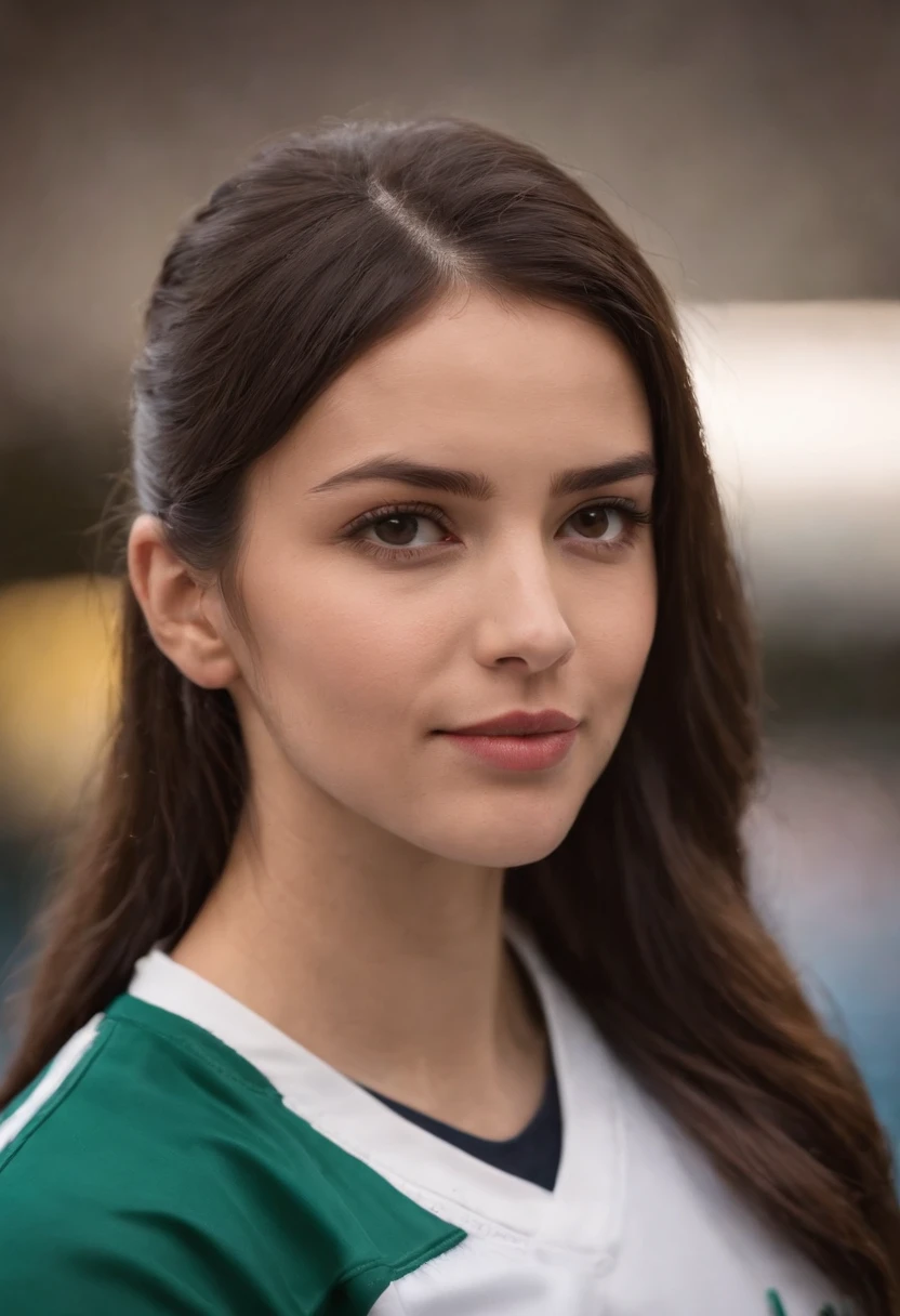 Professional image of a 25-year-old working woman, wearing a hockey jersey, Professional profile photo, posing with crossed arms, professional picture, professional profile picture, photograph of a woman, Business woman, lecturer, Black hair, Slim body, 8K high-definition