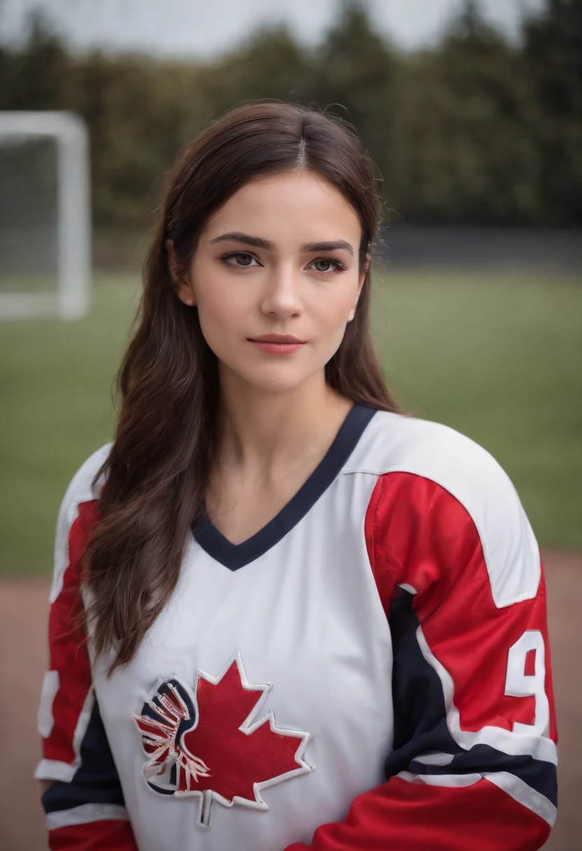 Professional image of a 25-year-old working woman, wearing a hockey jersey, Professional profile photo, posing with crossed arms, professional picture, professional profile picture, photograph of a woman, Business woman, lecturer, Black hair, Slim body, 8K high-definition