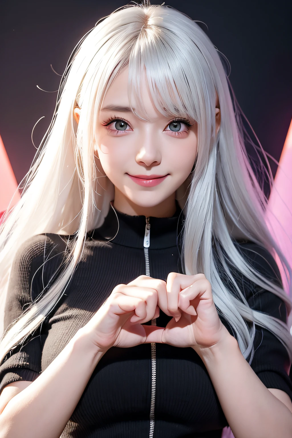 an anime girl, a 25yo woman、A smile、Her eyes are big and curious, She was excited and happy to see me, Beautiful eyes, White hair, Pink eyes, good art, Good drawings, 2D Anime, 2D, Cute, 2 hands and 5 fingers on each hand, Beautiful hands, Good hands are drawn, 4K, 8K,