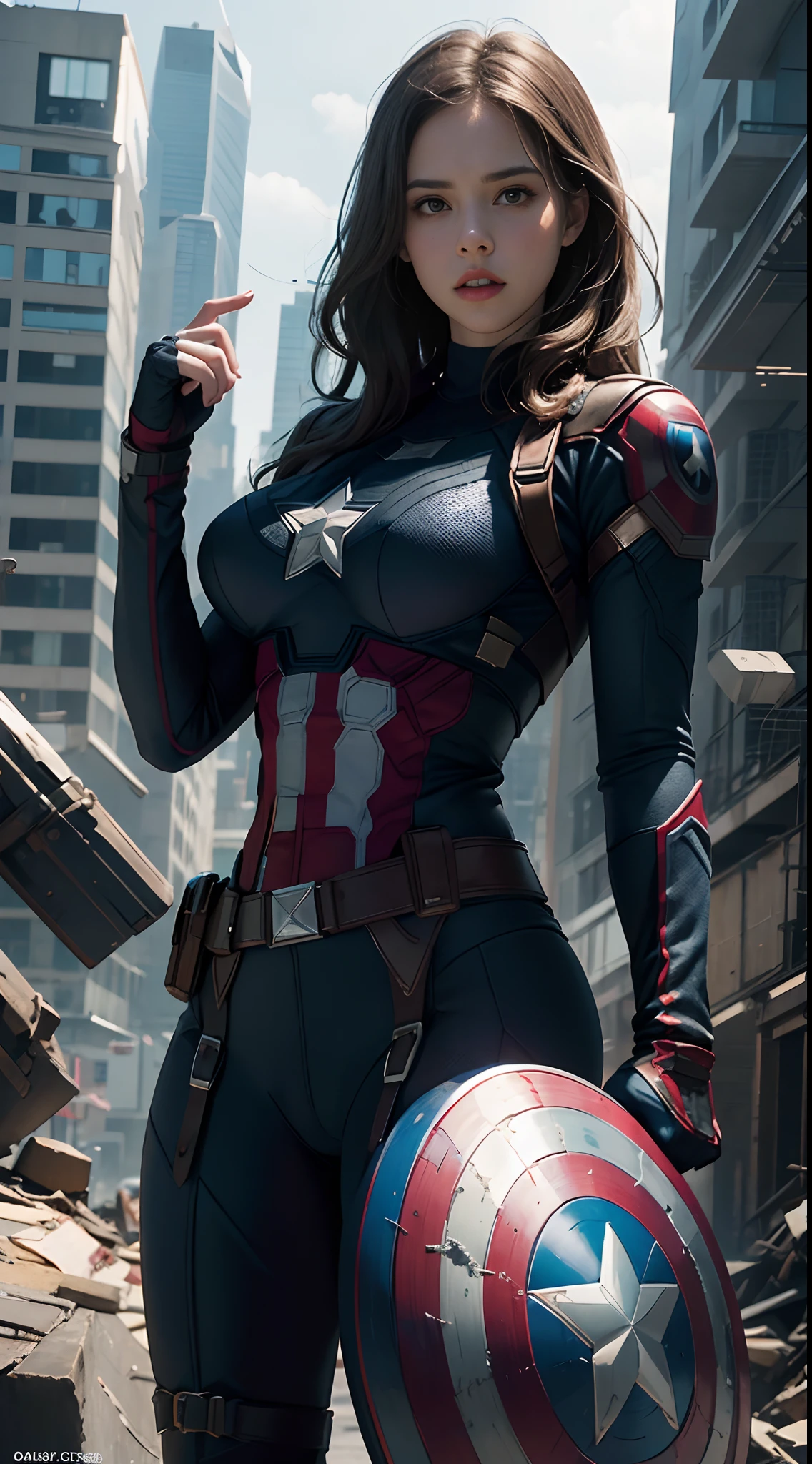 1girl,  Haley atwell as Captain America (from MCU), ((wearing Captain America suit)),  look at viewer, dynamic pose, (random angles), (masterpiece, best quality, detailed cloth texture, beautiful detailed face, intricate details, ultra detailed),  curly black hair, short hair, (growling), jump, crumbling debris,epic battle,shattered glass,flying debris,studio lighting,colorful comic book style,superhero action,shadow and light interplay,contrasting colors,emotive art style, (Best quality, A high resolution, Photorealistic, primitive, 8K,Masterpiece, ),Best quality, Masterpiec8K.hdr. High ribs:1.2, filmgrain, Blur bokeh:1.2, Lens flare, (vivd colour:1.2), (Delicate),