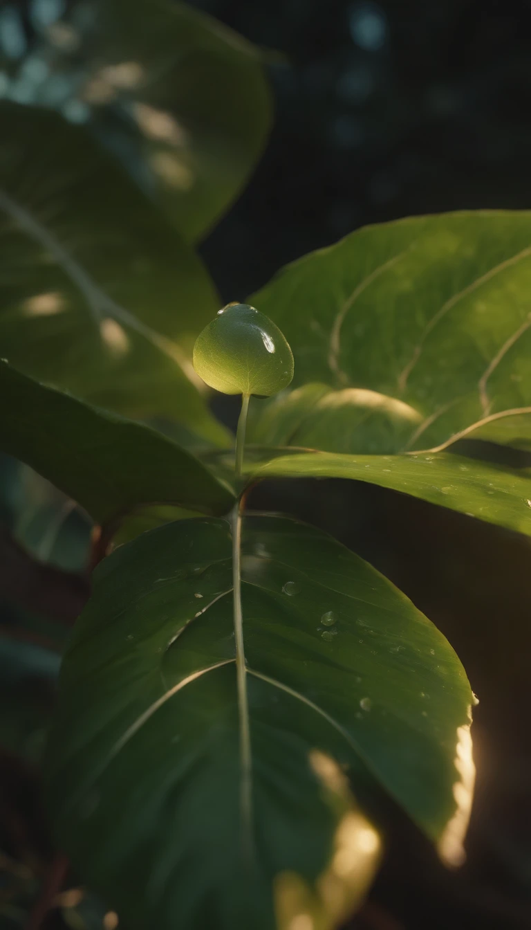 Uma formiga jaz em uma folha，There is dew on the edges of the leaves，magic hour，photorealistic cinematic render, cinematic 3d render, realistic cgi render, depicted as a 3D rendering