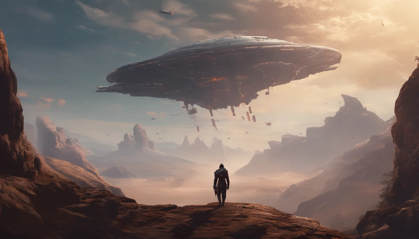 A couple Fighter Spaceship flying over a silhouette of a father and daughter from Vietnam who are standing on a mountain with the wind blowing the daughters hair and the fathers jacket, concept art wallpaper 4k, sci-fi fantasy wallpaper, sci fi artwork, detailed sci-fi art, beautiful sci fi art, spaceships in the cloudy sky, concept art artwork masterpiece, concept art 4k, concept art 4 k, sci fi concept art, mystical sci-fi concept art