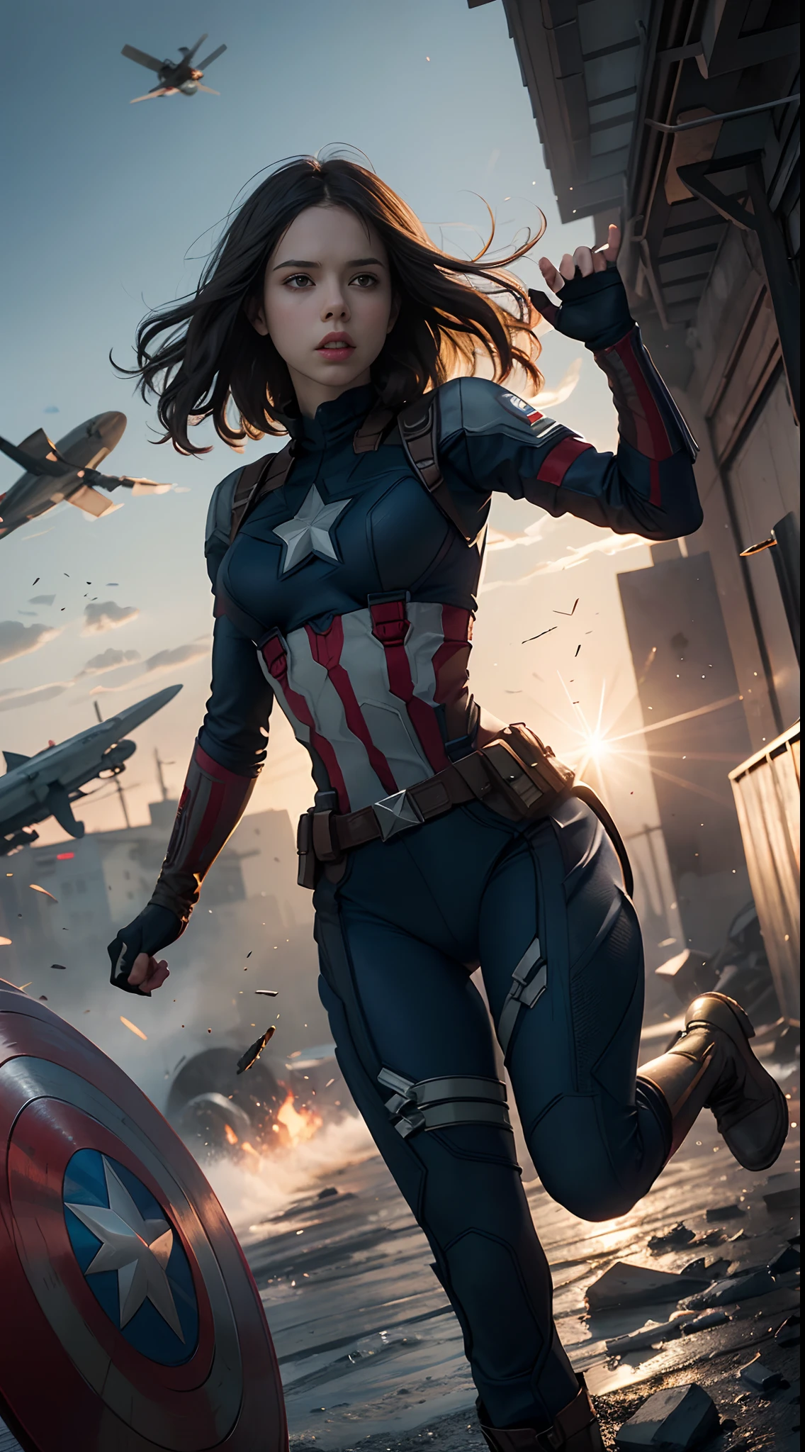 1girl,  Haley atwell as Captain America (from MCU), ((wearing Captain America suit)),  look at viewer, dynamic pose, (random angles), (masterpiece, best quality, detailed cloth texture, beautiful detailed face, intricate details, ultra detailed),  curly black hair, short hair, (growling), jump, crumbling debris,epic battle,shattered glass,flying debris,studio lighting,colorful comic book style,superhero action,shadow and light interplay,contrasting colors,emotive art style, (Best quality, A high resolution, Photorealistic, primitive, 8K,Masterpiece, ),Best quality, Masterpiec8K.hdr. High ribs:1.2, filmgrain, Blur bokeh:1.2, Lens flare, (vivd colour:1.2), (Delicate),