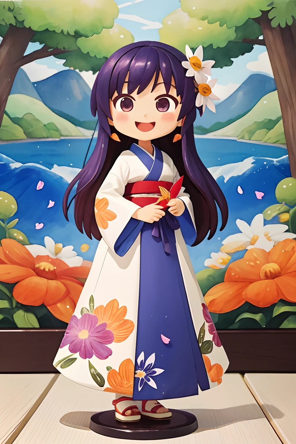 photoRealstic、Nedroid in wedding dress arranged in kimono standing in front of the painting、Open mouth and big smile、watercolor Nendoroid、(High Definition Figure)、Flowing iridescent silk、up of face、Eye Up、Eyes are hearts、Floral dress、wave her hand、There are also flowers in front of the nendroids、flower petals、season!!: 夏天☀ 🍂