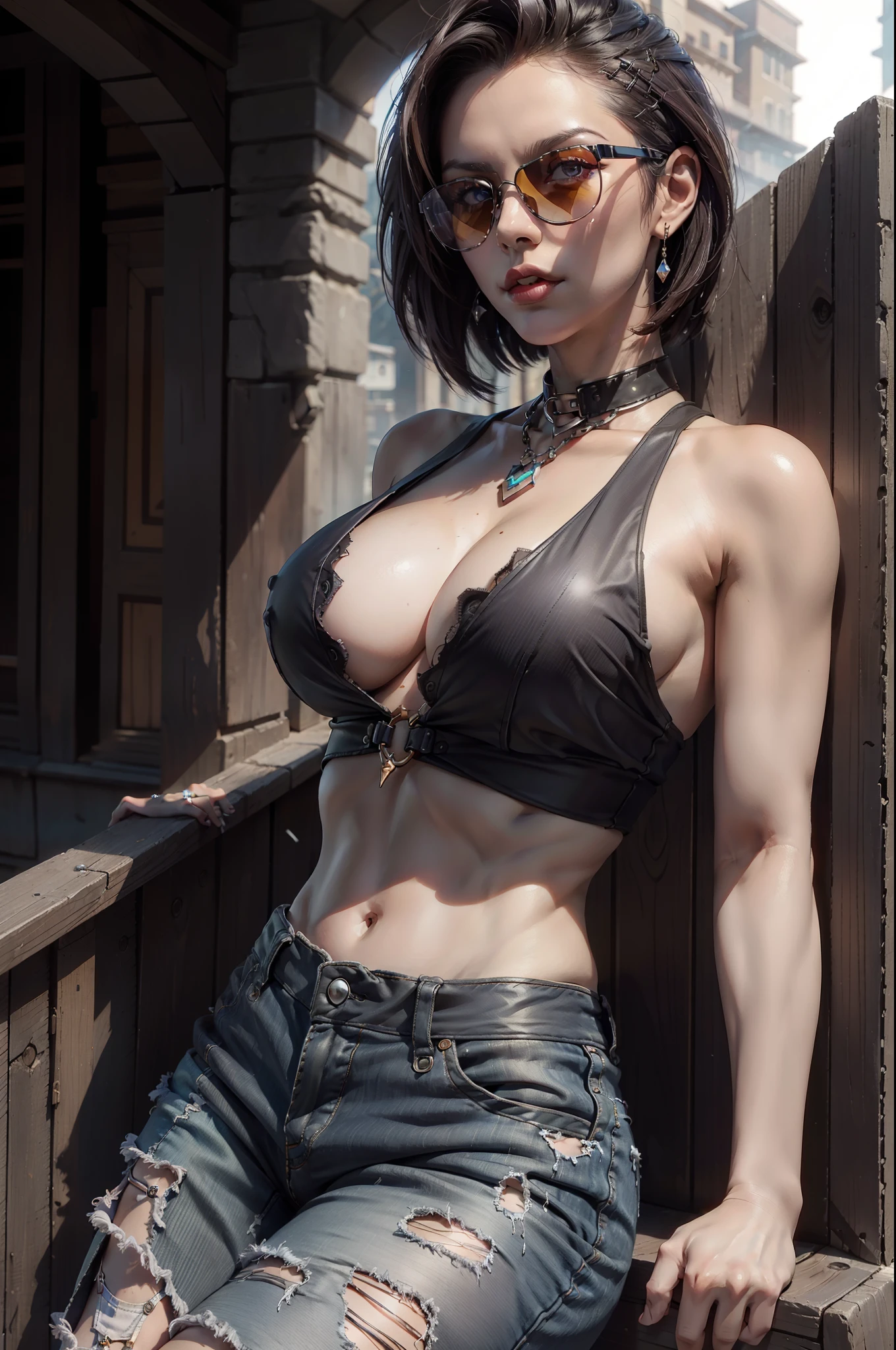 tmasterpiece， high high quality， tack sharp focus， A gothic woman， brunette color hair， Mohawk haircut， Wear a tank top and ripped jeans， sun glasses， s the perfect face， Perfect chin line， ctextured skin， beautifullips， cowboy lens， leaning back against the wall， during night， cold light， Cool atmosphere， 8K， hyper HD， absurderes，Large full breasts, You can see the valley、Huge sagging chest