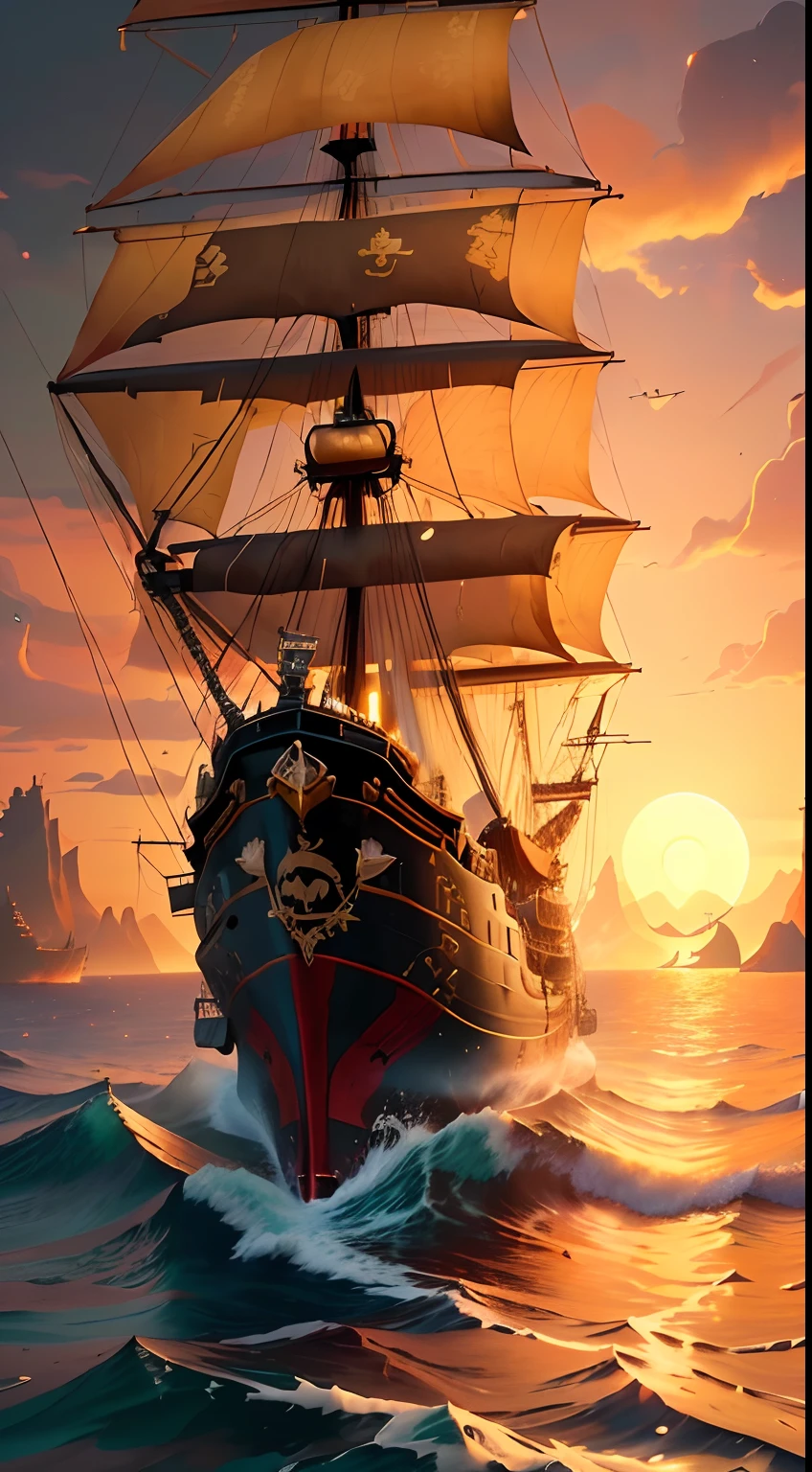 Pirate ship in the ocean at sunset，The background is a mountain, pirate ships at war at night, an impossibly huge pirate ship, galleon, Sea of Thieves, gold galleon ship, pirate ships, Pirate ship, 《Sea of Thieves》a screenshot, old pirate ship, 《Sea of Thieves》styled, ships with sails underneath, gothic ship on ocean