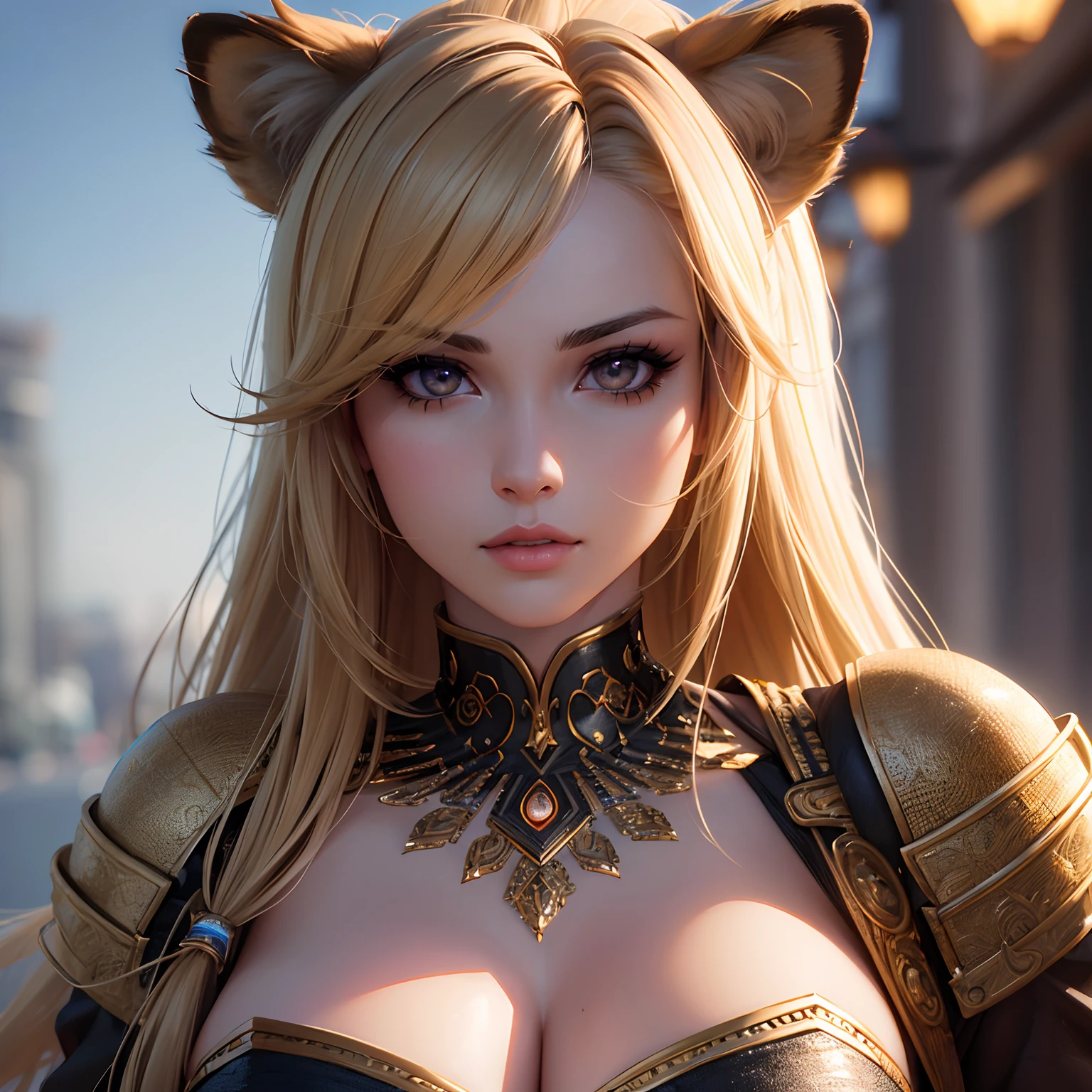Super detailed beautiful girl, With the fierce lioness, Cinematic, Cinematic light, Realistic, 3D rendering of, Highly detailed face, Highly detailed, Realistic looks, Lifelike, Realistic girl, highly detailed hair