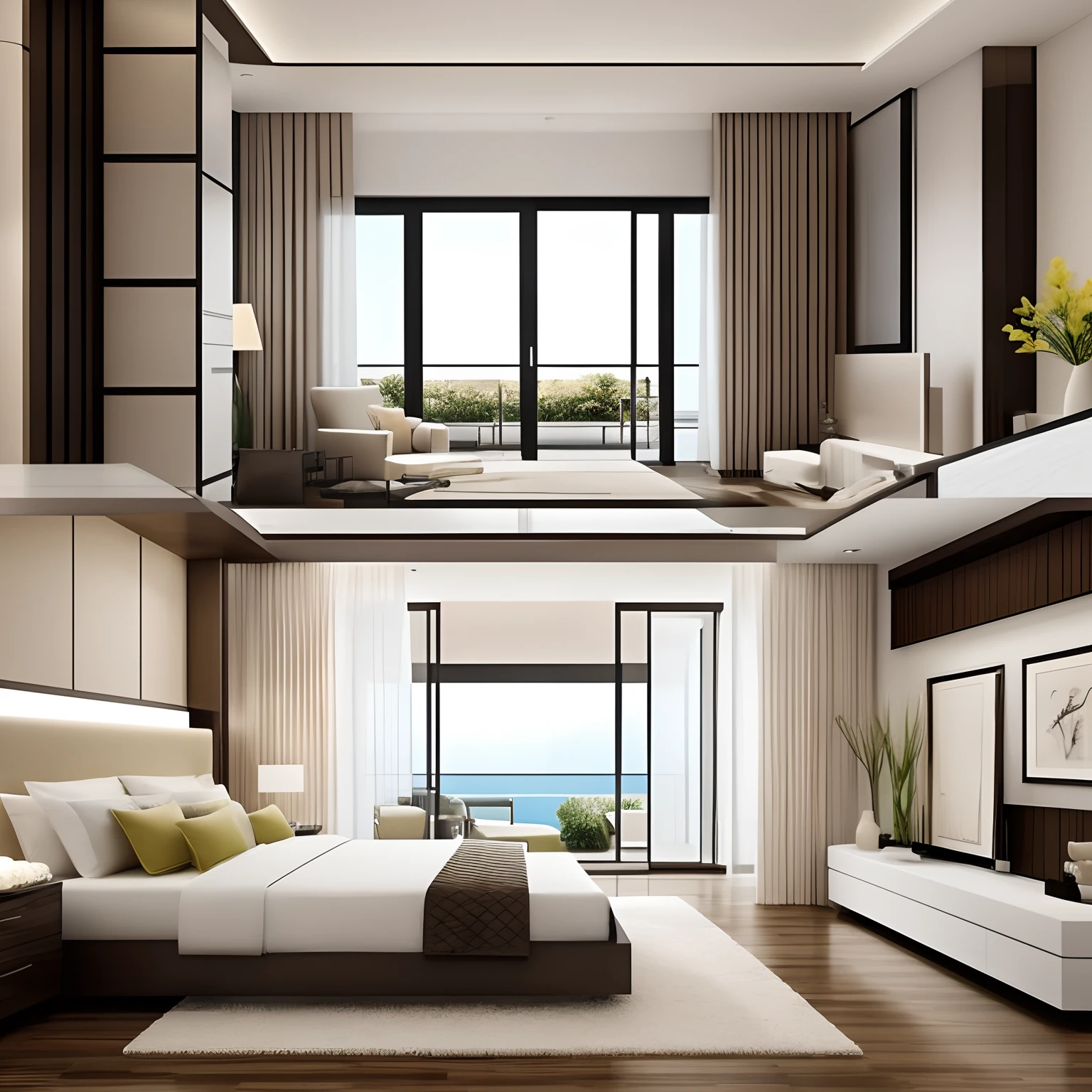 "Master bedroom，Enjoy comfort and elegance，Quality of life。"Draw a picture in minimalist style