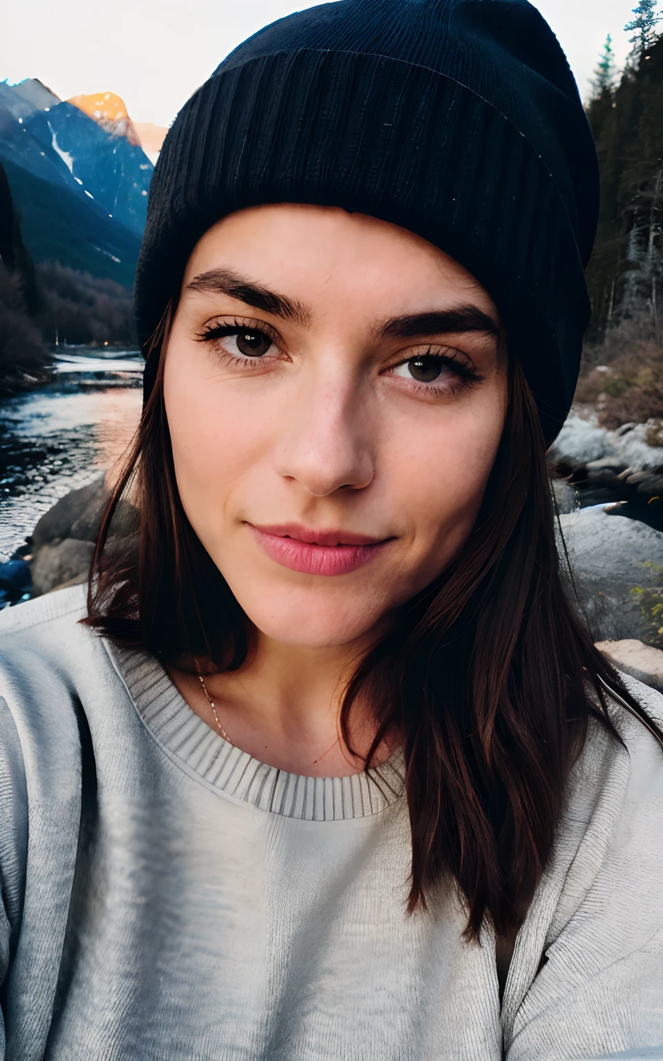 photorealistic, best quality, hyper detailed, beautiful woman, selfie photo, upper body, solo, wearing pullover, outdoors, (night), mountains, real life nature, stars, moon, (cheerful, happy), sleeping bag, gloves, sweater, beanie, flashlight, forest, rocks, river, wood, smoke, fog, clear sky, analog style, looking at viewer, skin texture, film grain, close up, ultra high res, best shadow, RAW, instagram LUT