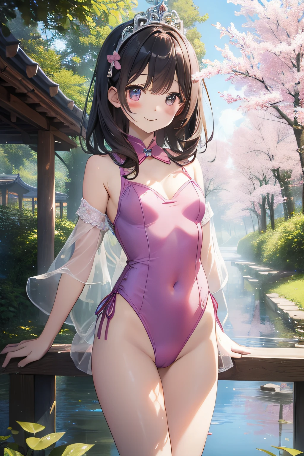 top-quality、extremely delicate and beautiful、Soio、Soio、8--old l、japanes、Lori、Chiquita、elementary stu、cheer girl、((Pink leotard))、(highleg)、Tiara on the head、A smile、is standing、looking behind、s ass、Bite、Prickets、Pond in the background、the woods、cherry trees