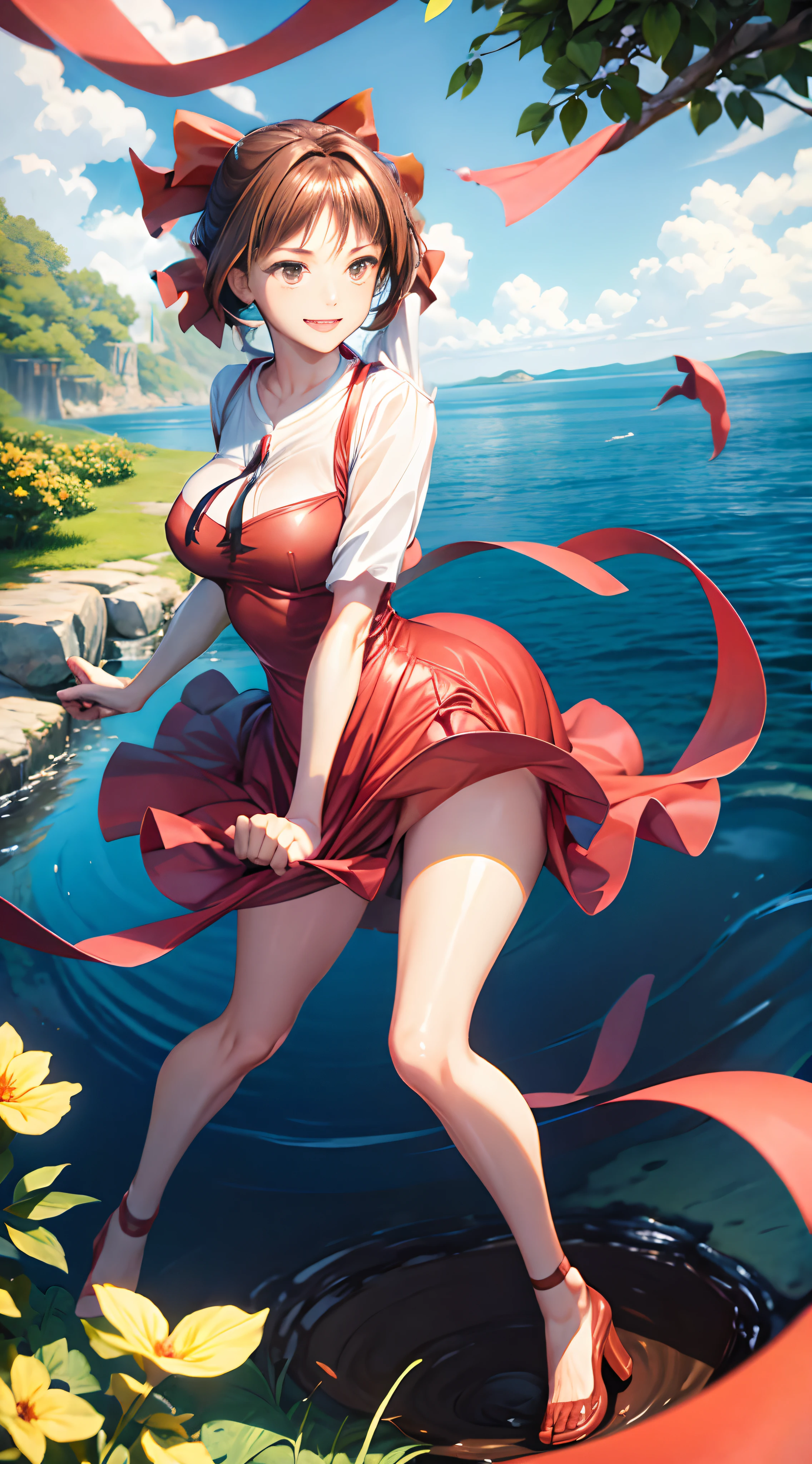 1womanl,Brown hair,Red ribbons ,Natural smile,Beautiful breasts,White shirt,Red dress,well-styled,full body Esbian,